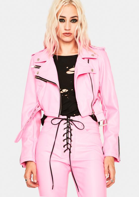 pink cropped leather jacket