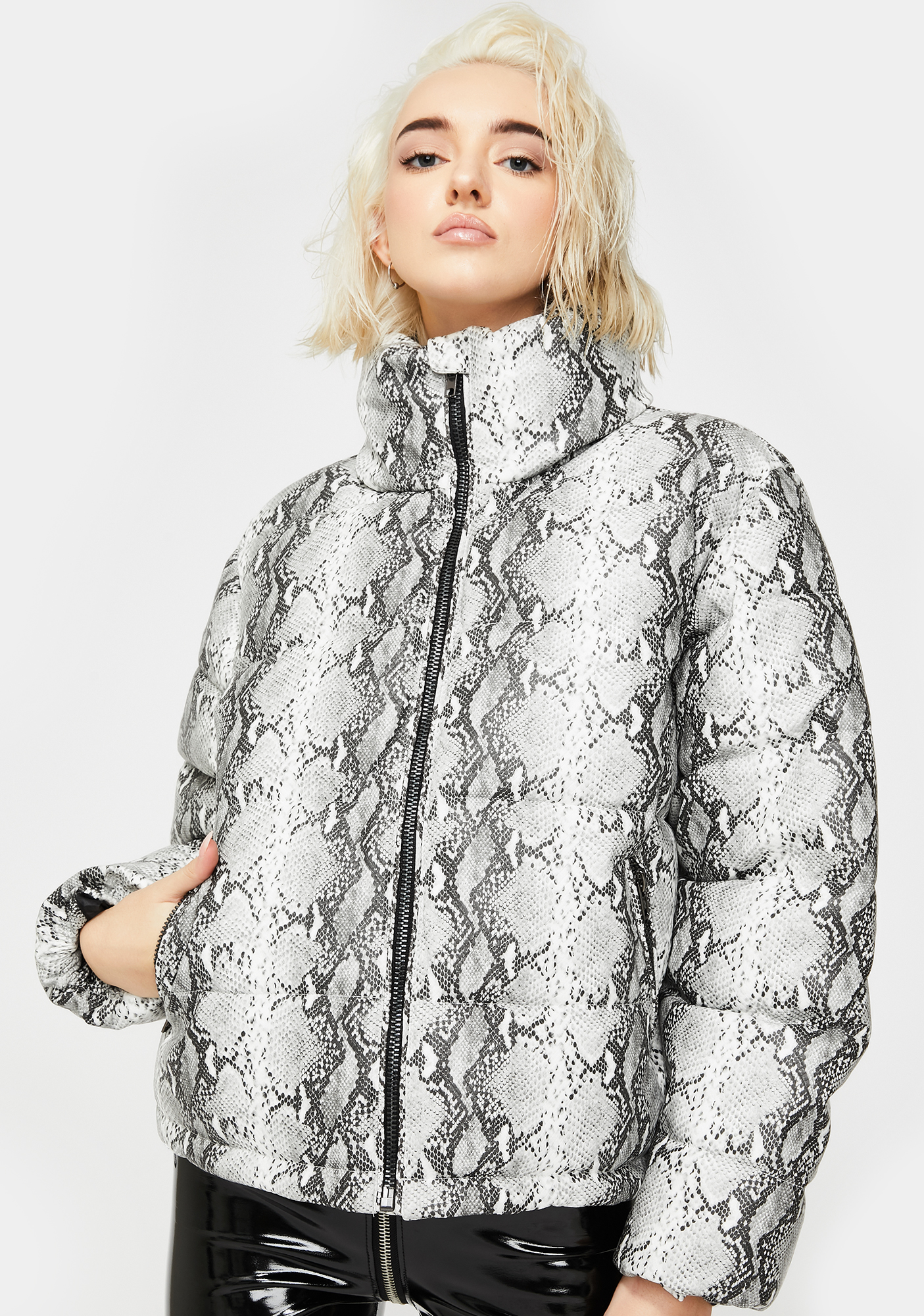 White Snakeskin Print Pattern Puffer Winter Jacket Parka Snow Dolls Kill