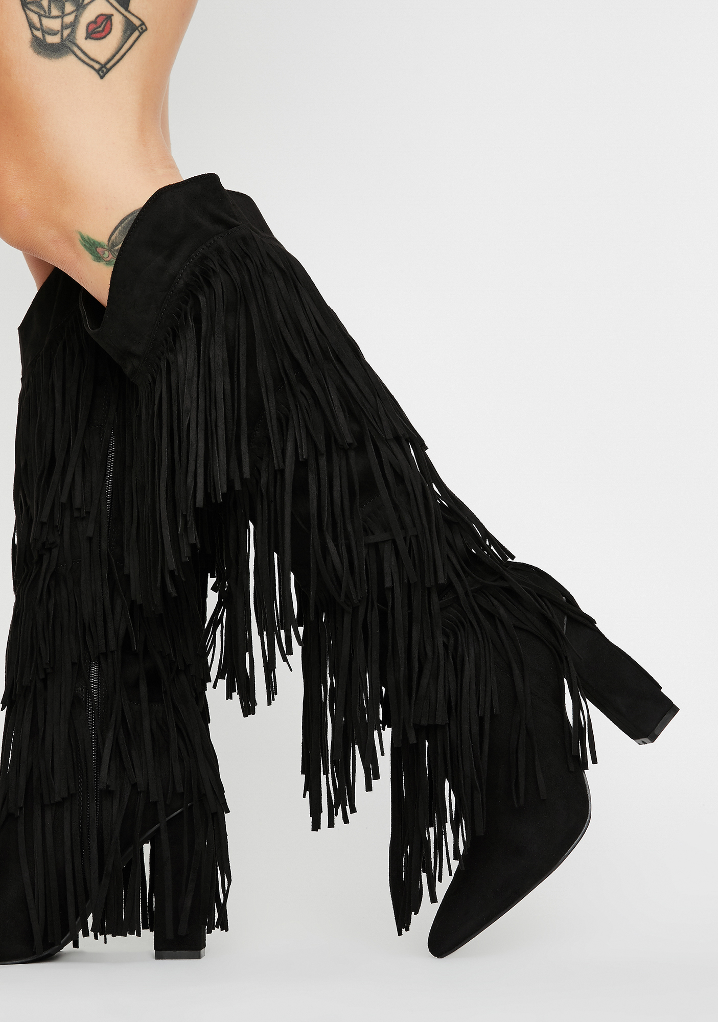 Fringe Knee High Heeled Pointed Toe Boots Black Dolls Kill