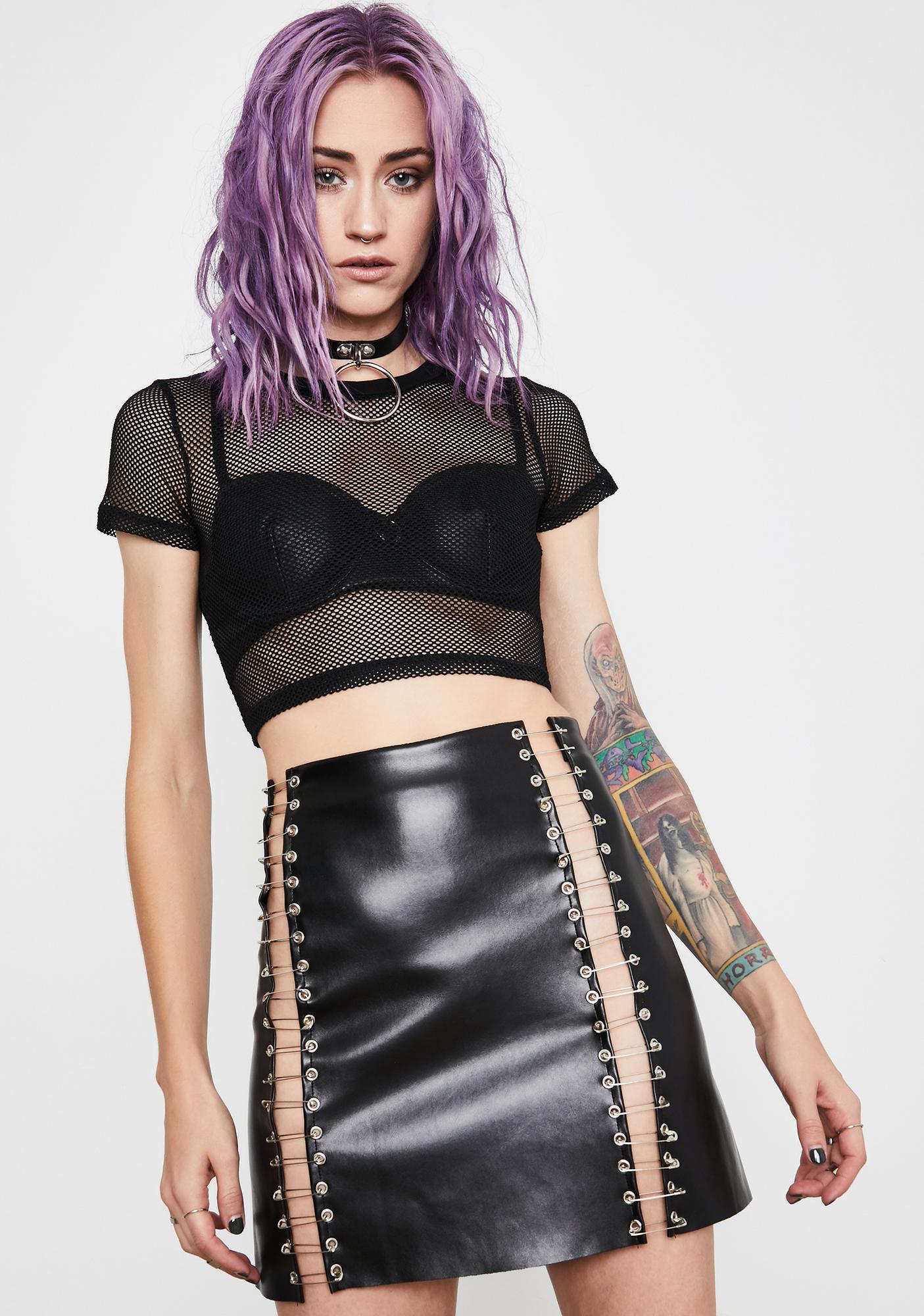 Current Mood Safety Pin Vegan Leather High Waist Mini Skirt Dolls Kill