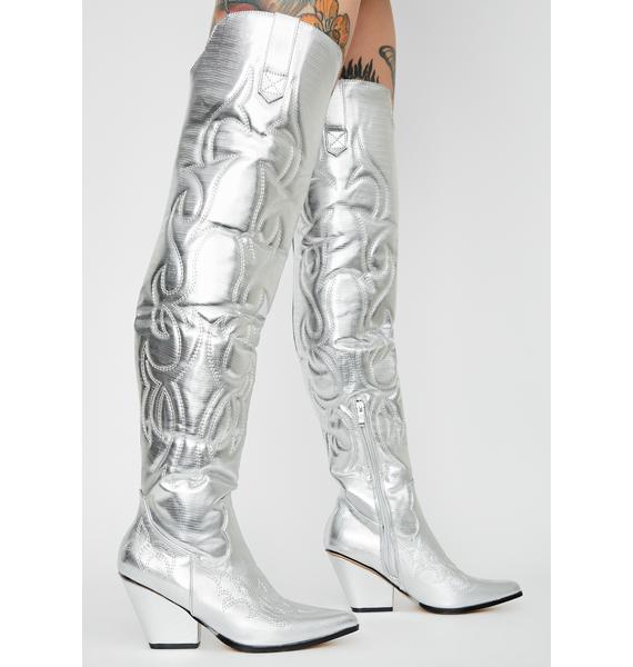 Metallic Over The Knee Cowboy Boots Silver Dolls Kill