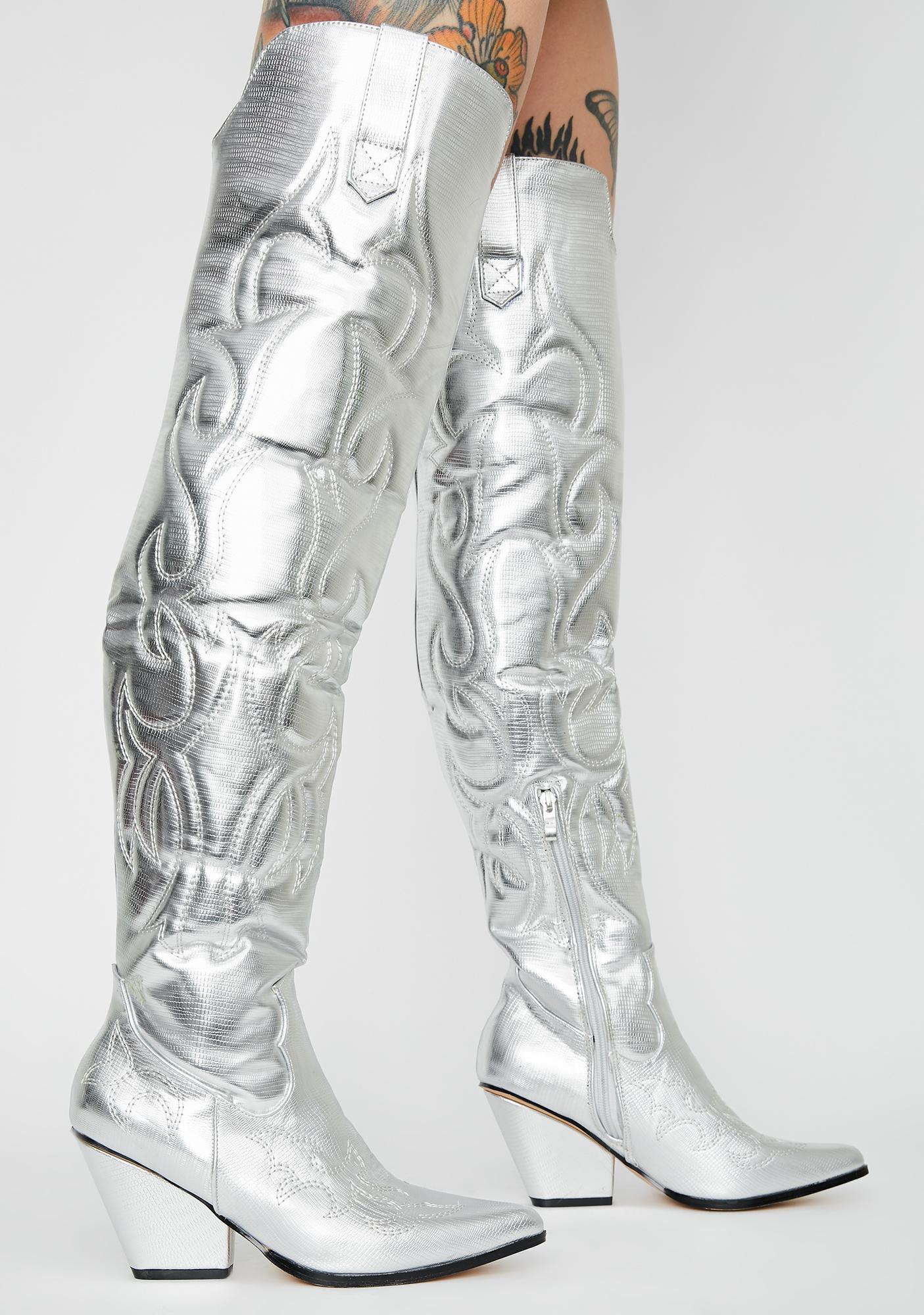 Metallic Over The Knee Cowboy Boots - Silver | Dolls Kill