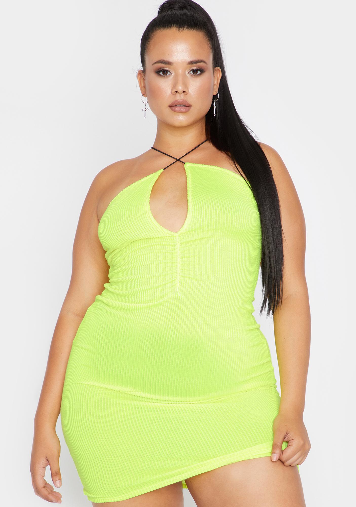 Plus Size Neon Yellow Mini Ribbed Dress Halter Cut Out | Dolls Kill