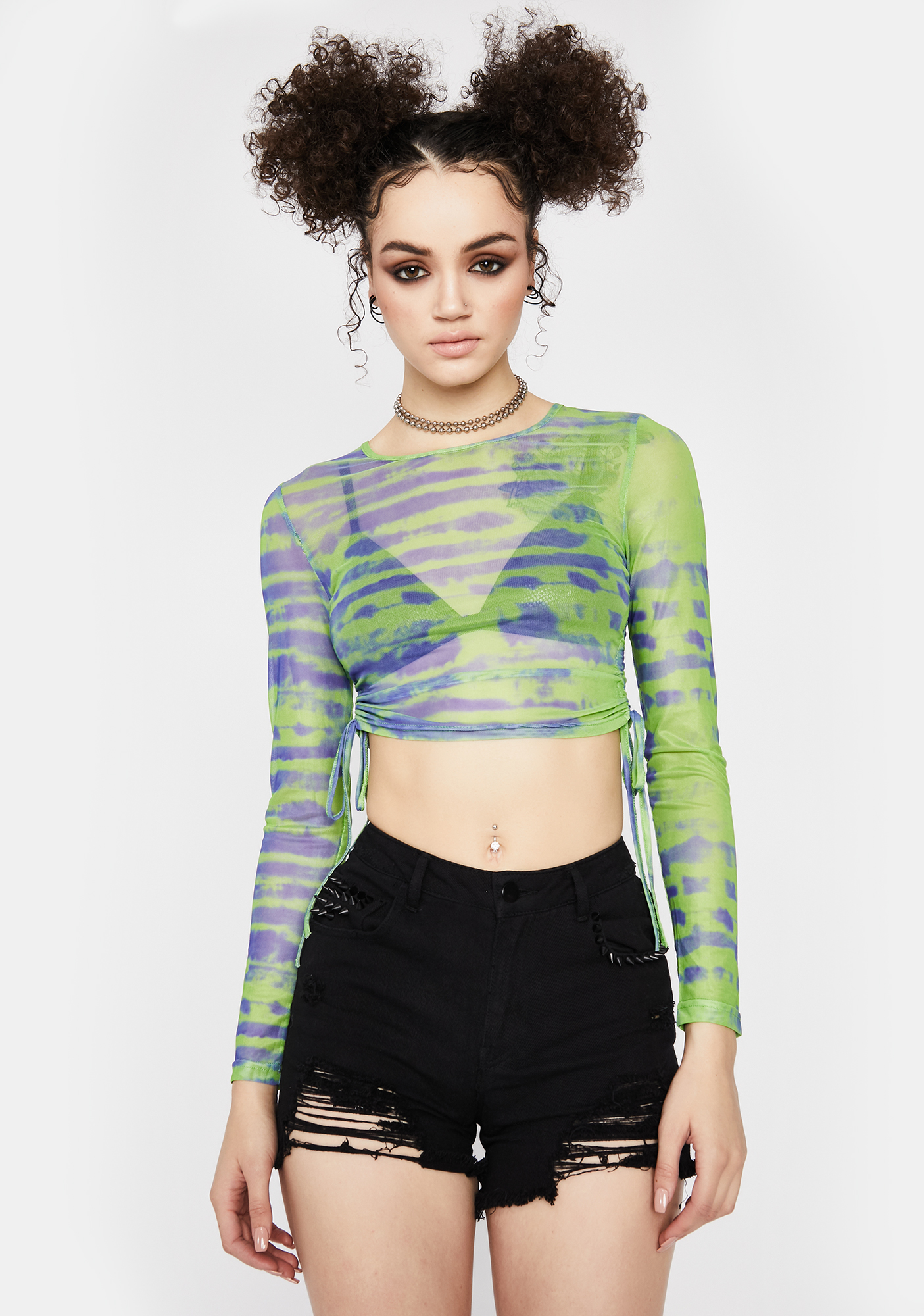 Tie Dye Sheer Ruched Long Sleeve Crop Top - Lavender Lime | Dolls Kill