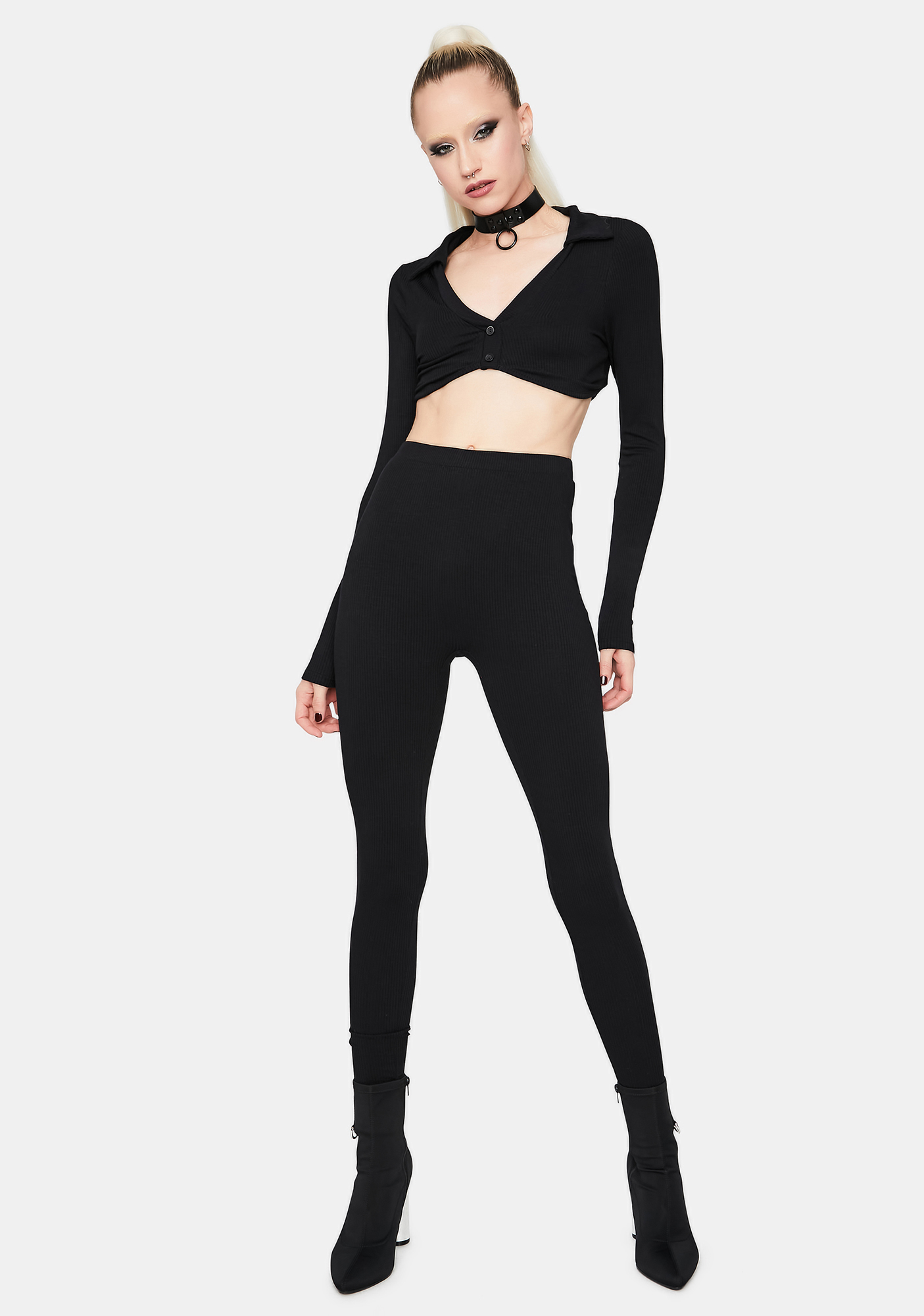 Collared Button Front Long Sleeve Crop Top And High Waisted Leggings ...