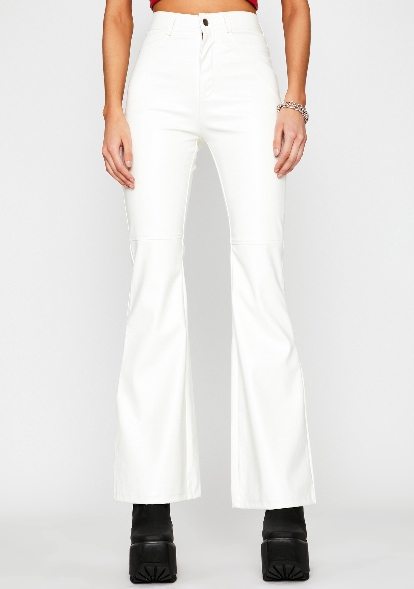 white leather flare pants