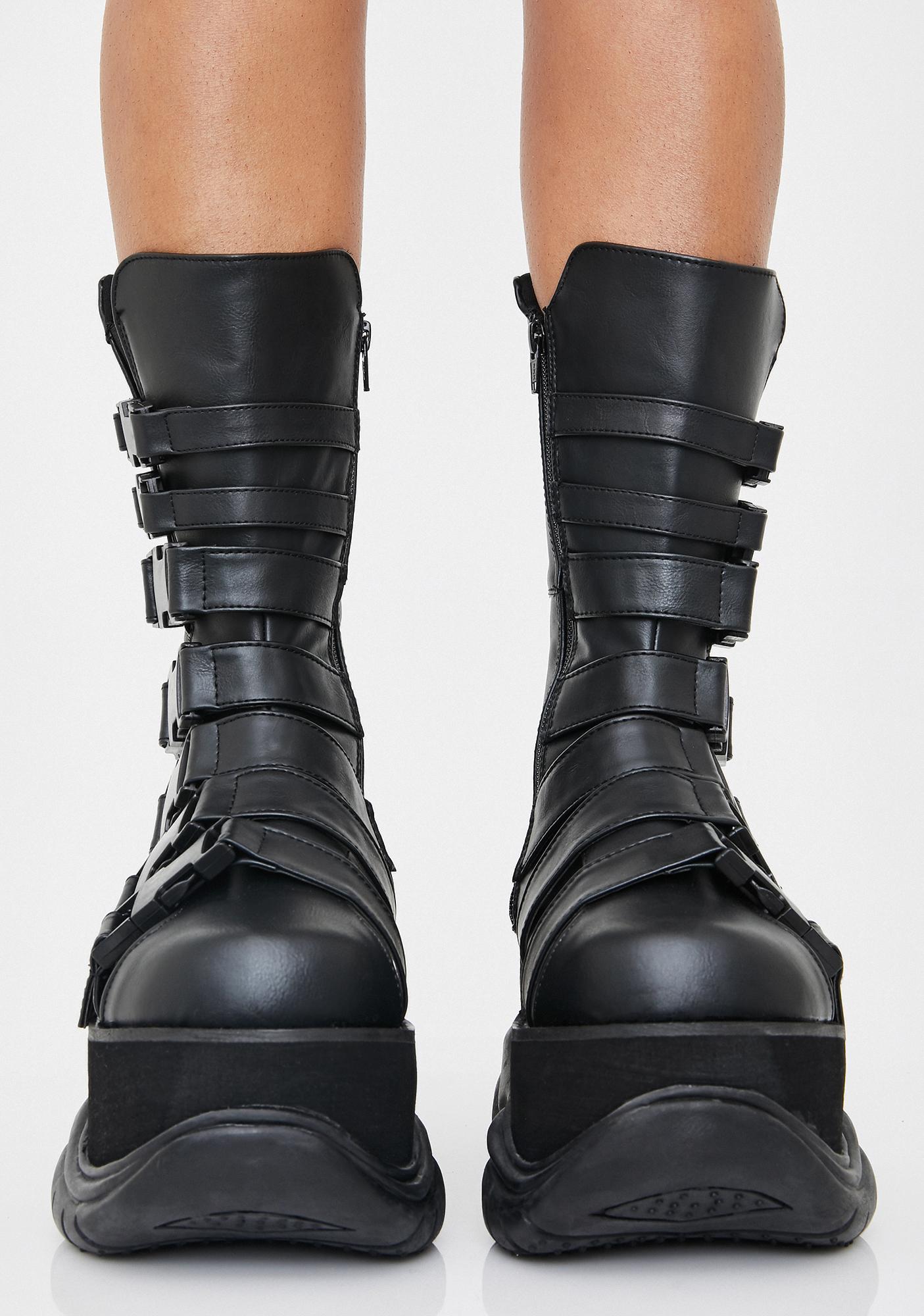 Demonia Unisex Chunky Buckle Strap Platform Boots | Dolls Kill