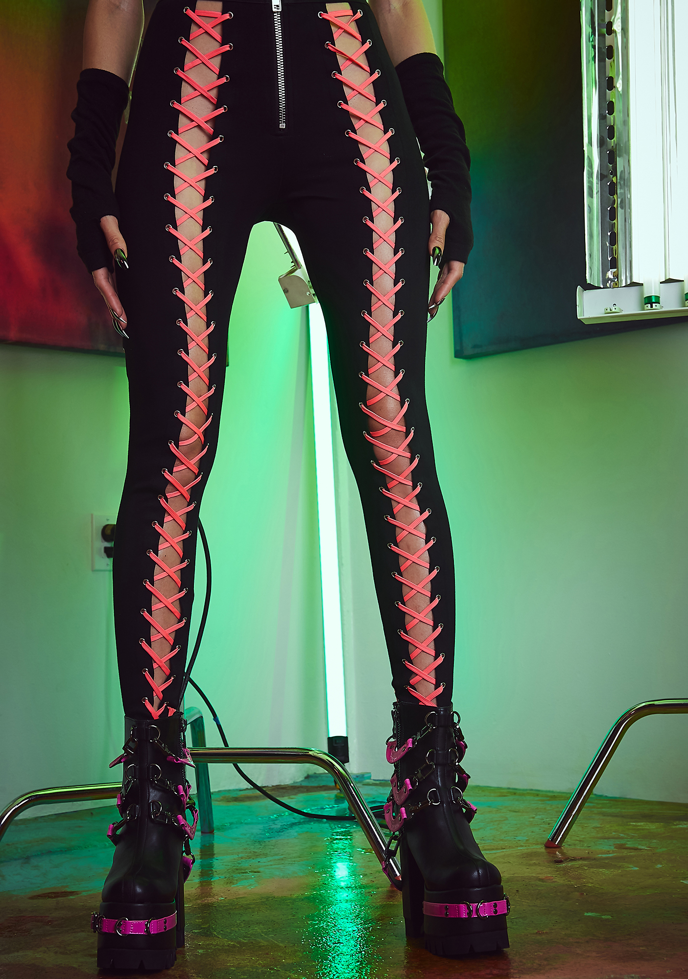 Current Mood Neon Lace Up Leggings - Black/Pink | Dolls Kill