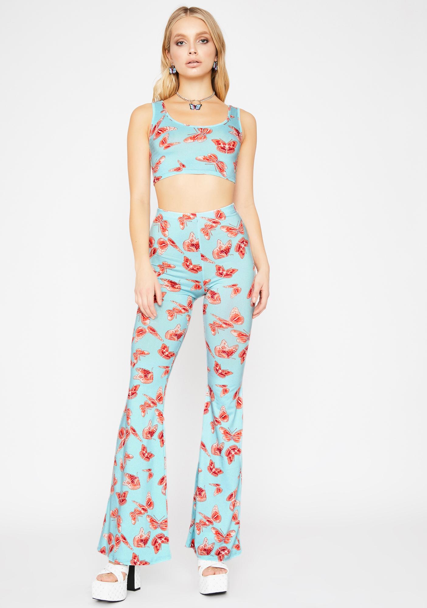 Butterfly Boot Cut Pants Set - Light Blue | Dolls Kill