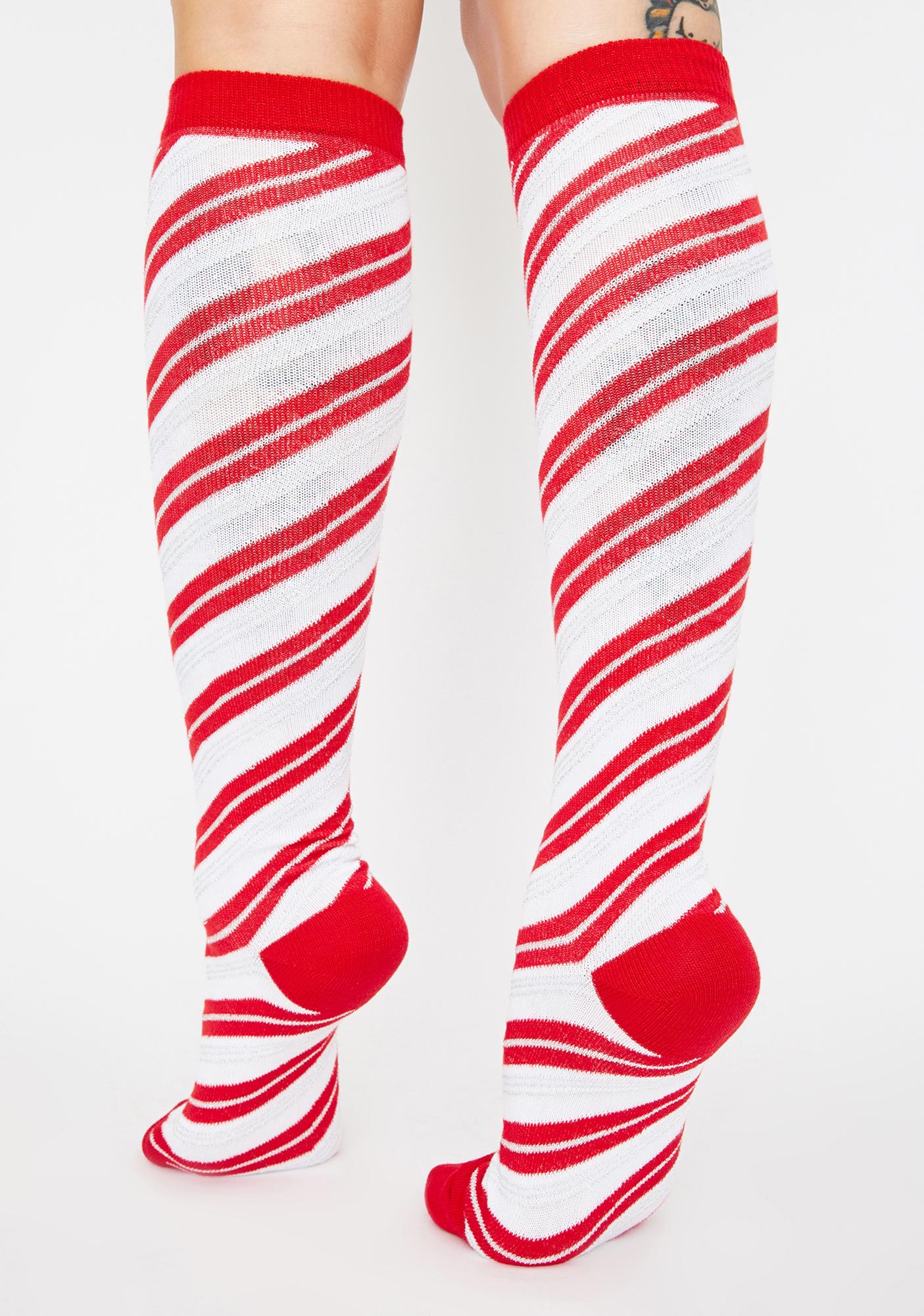 Candy Cane Striped Knee High Socks Red White | Dolls Kill