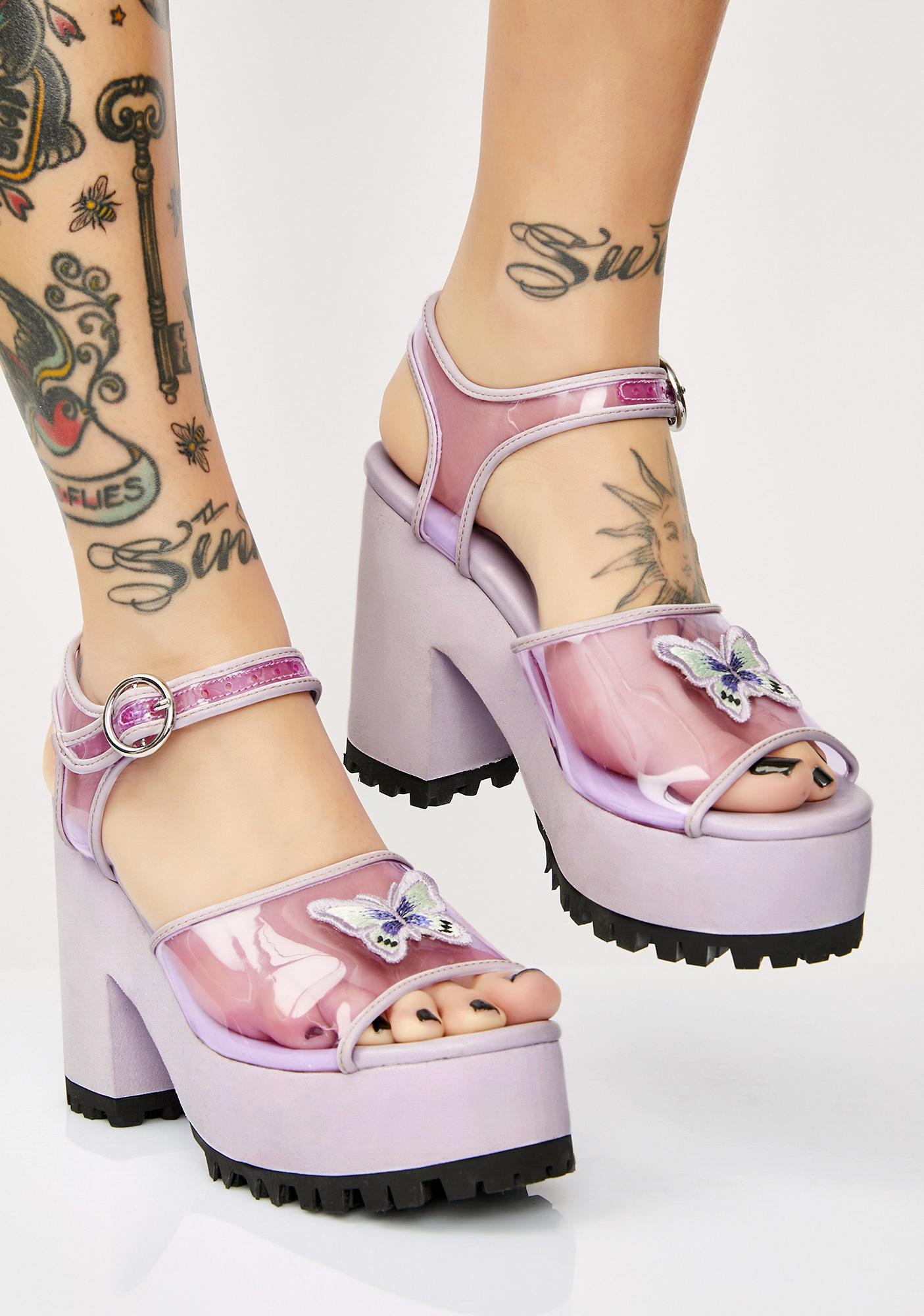 purple butterfly platform heels