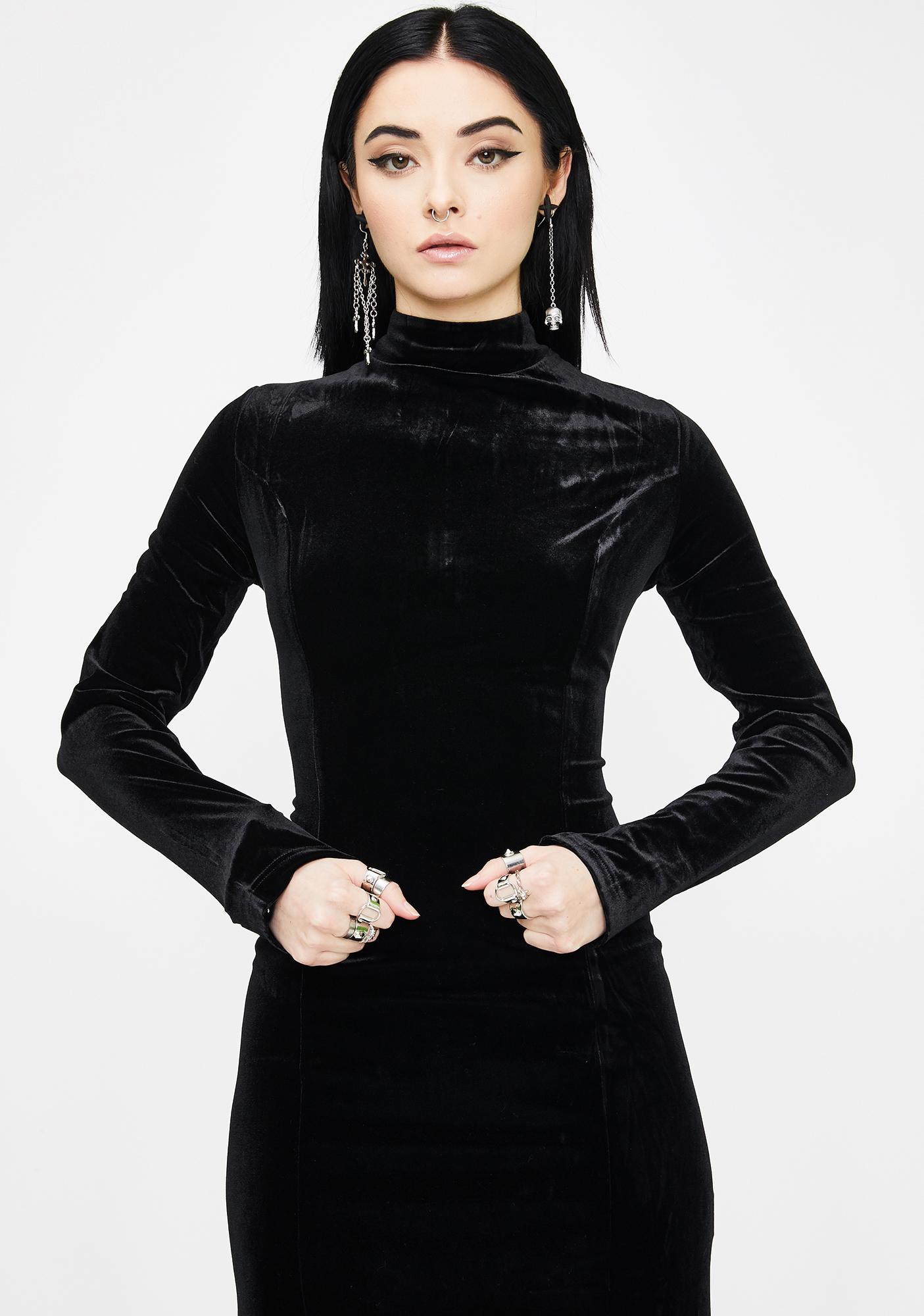 black long sleeve turtleneck midi dress