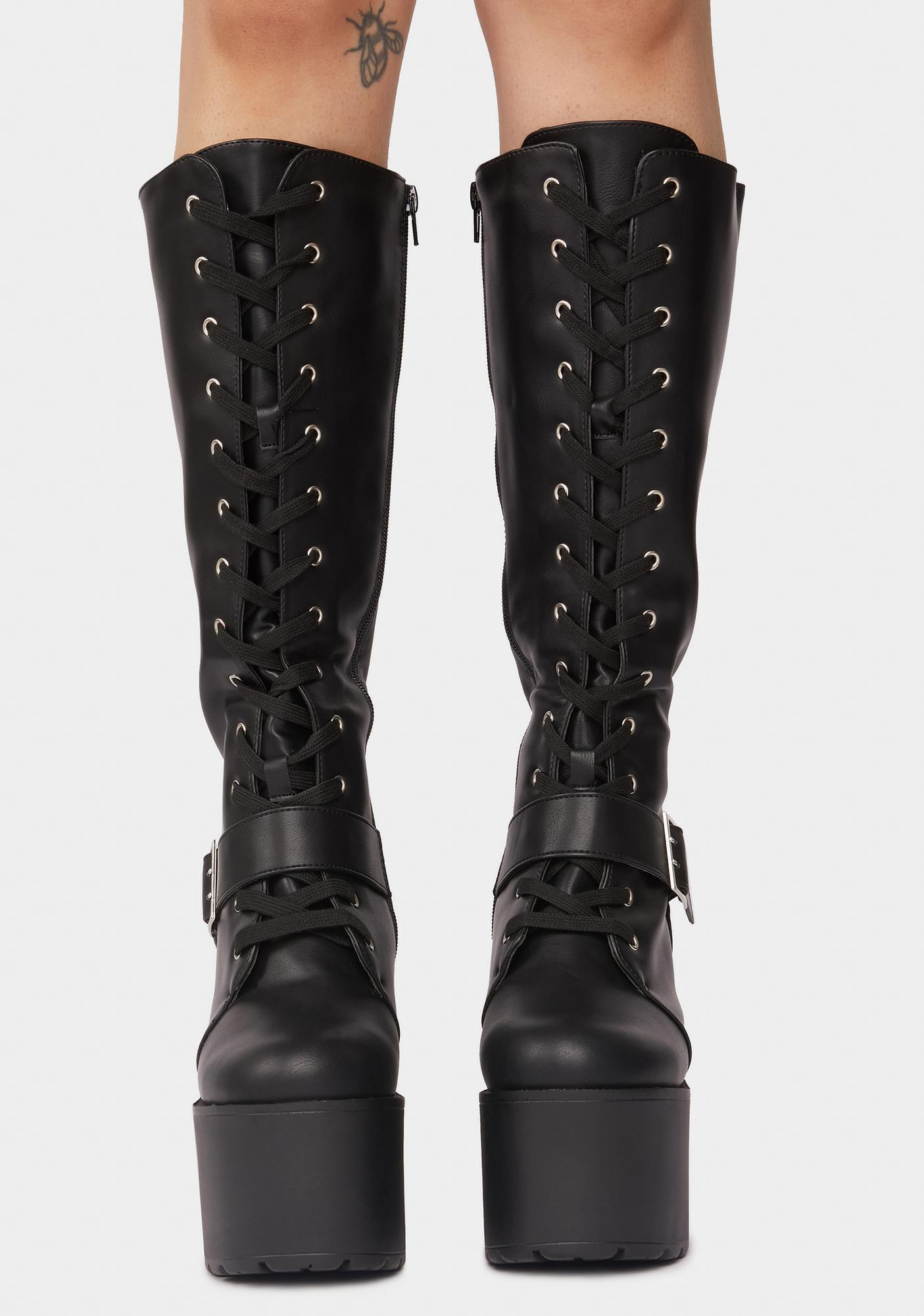 black leather knee high platform boots