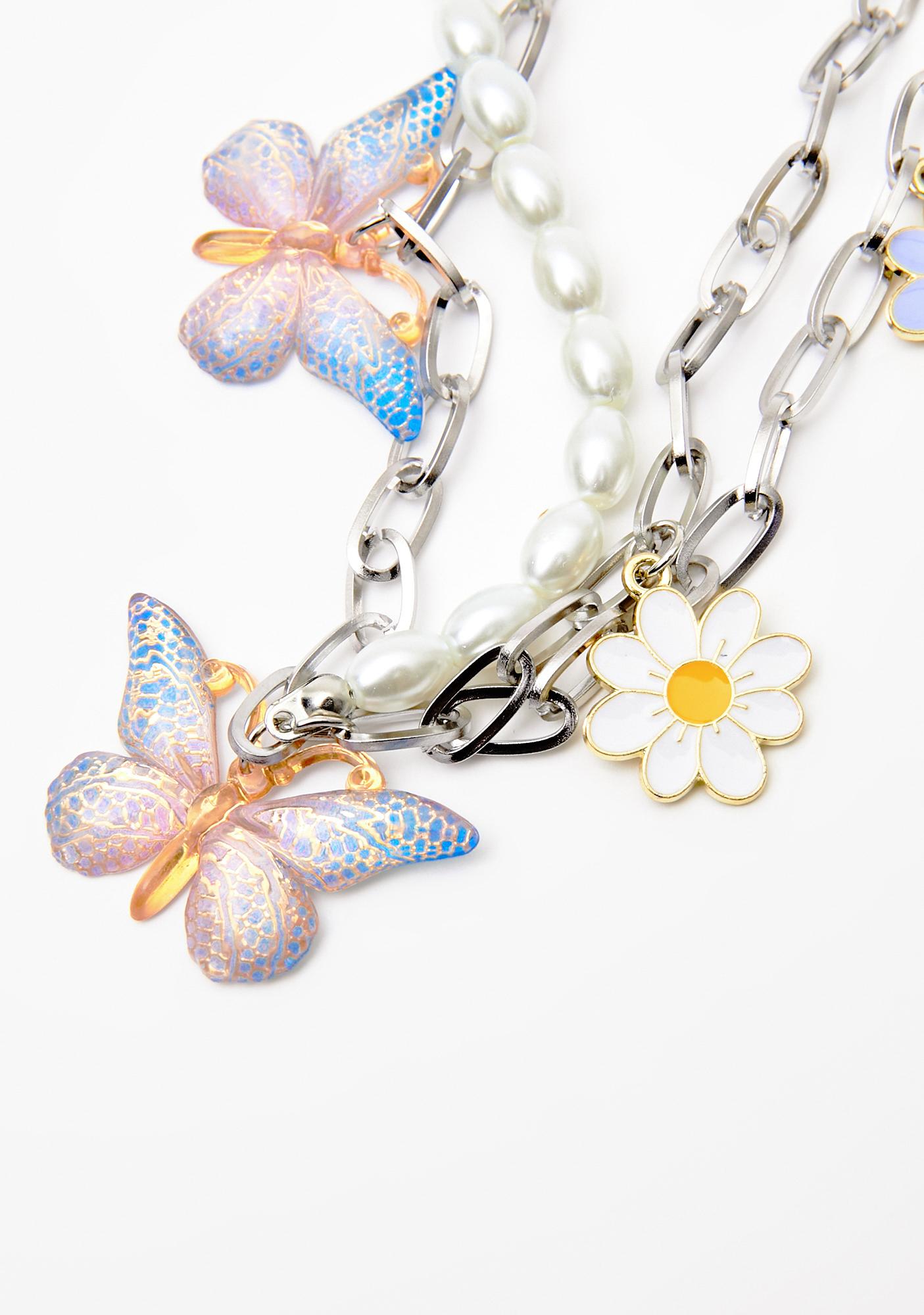 Download Pearl And Chain Layered Necklace With Flower And Butterfly Charms Dolls Kill