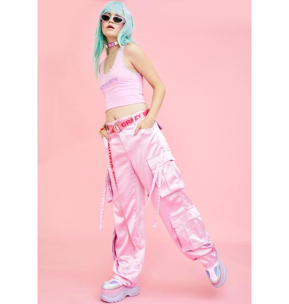 pink satin cargo pants