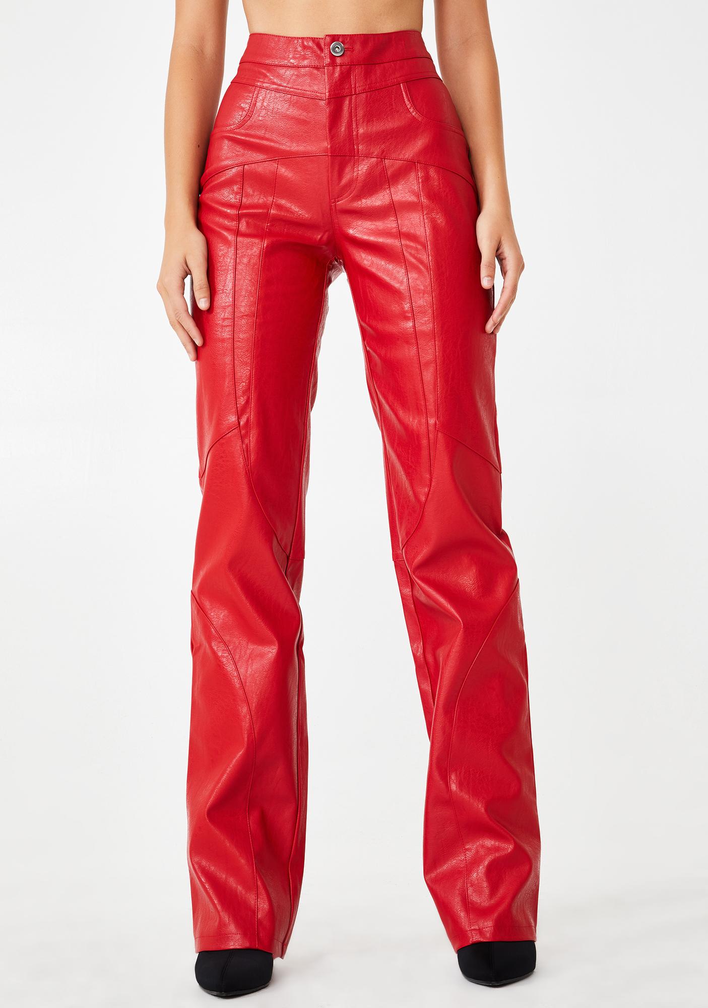 red faux leather jeans