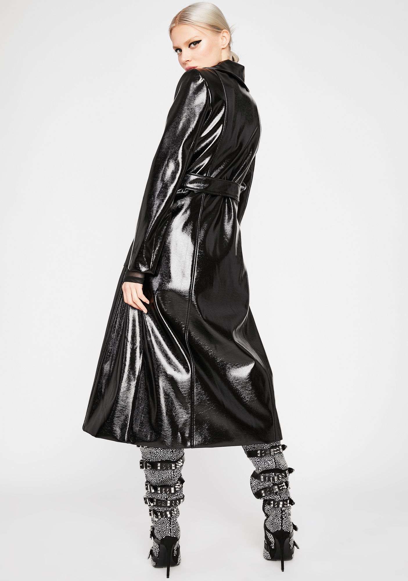 shiny black trench coat