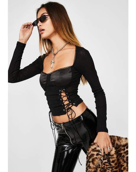 Black Silk Tie Up Long Sleeve Tee