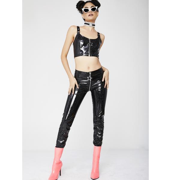 Current Mood Vinyl Glitter Zip Up Black Leggings | Dolls Kill