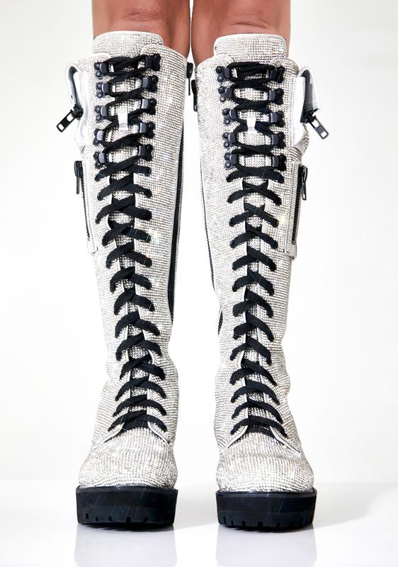 Club Exx Rhinestone Knee High Pocket Combat Boots | Dolls Kill