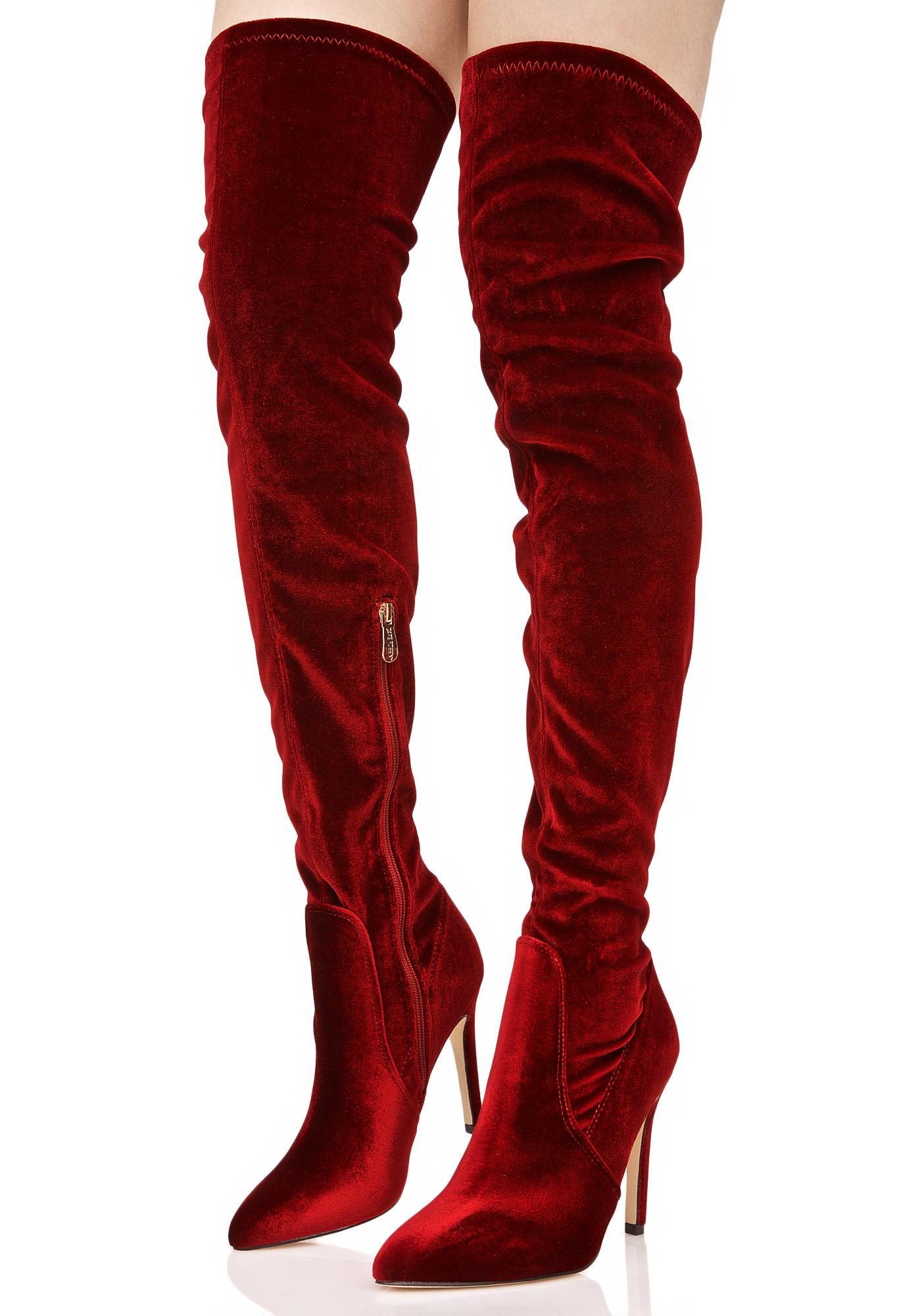 Sexy Red Velvet Thigh High Boots | Dolls Kill