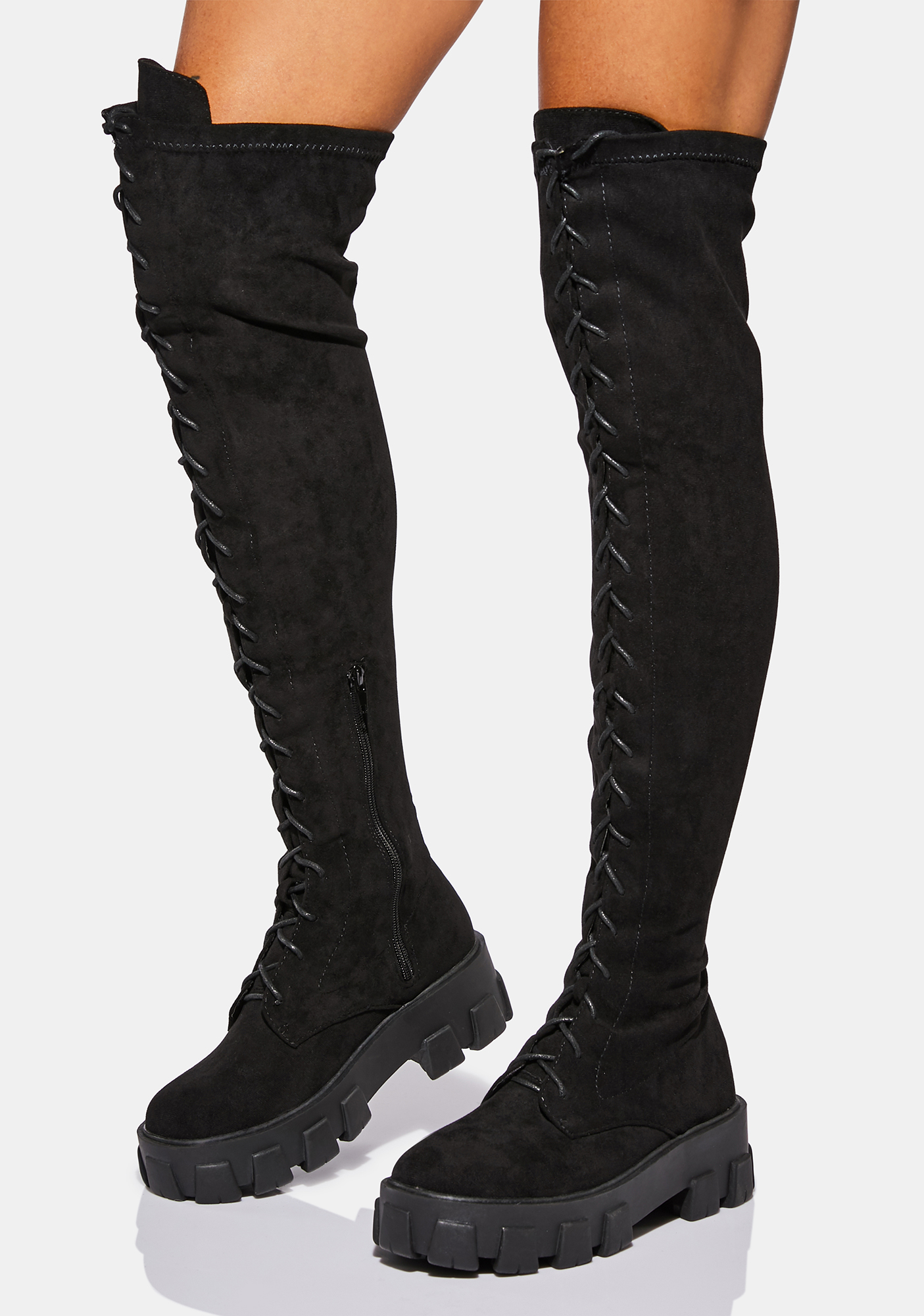 Vegan Leather Knee High Lace Up Platform Boots Black Dolls Kill