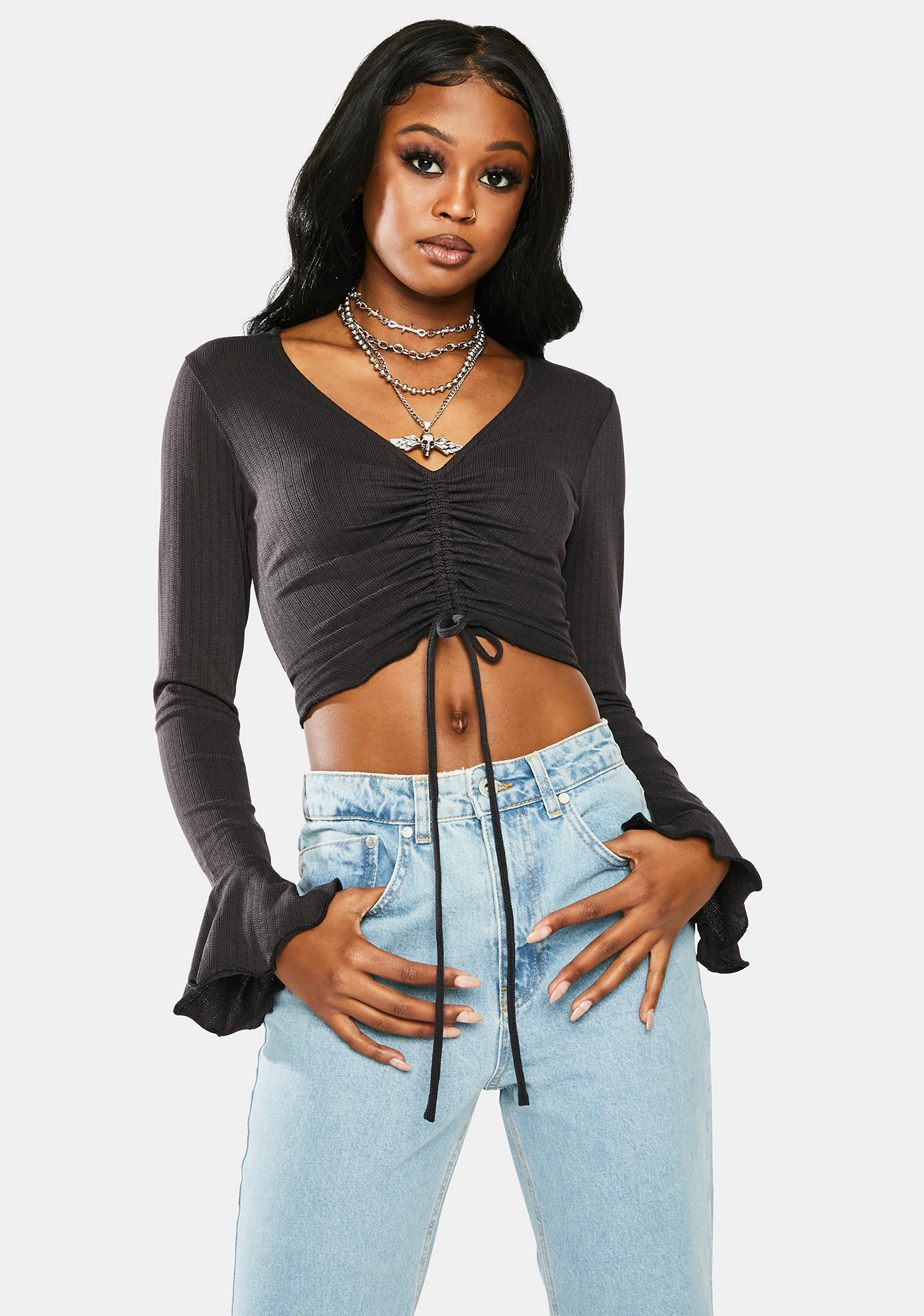 Bailey Rose Black Ruched Long Sleeve Top | Dolls Kill
