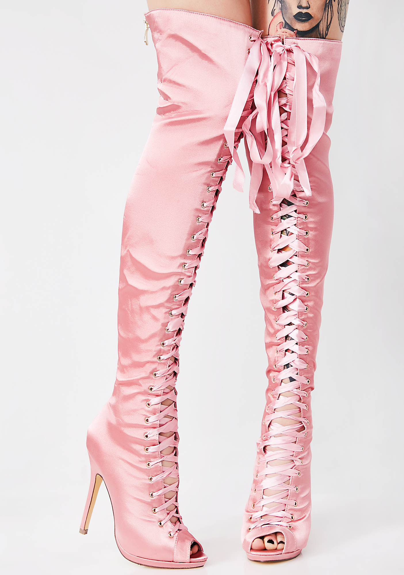 pink satin thigh high boots