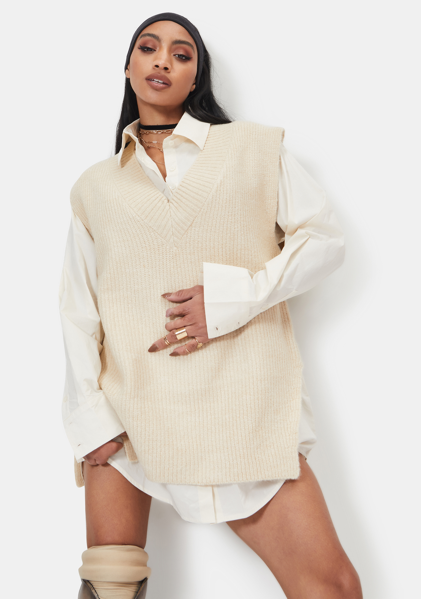 Long Sleeve Button Up And Sleeveless Sweater Vest - Oatmeal | Dolls Kill