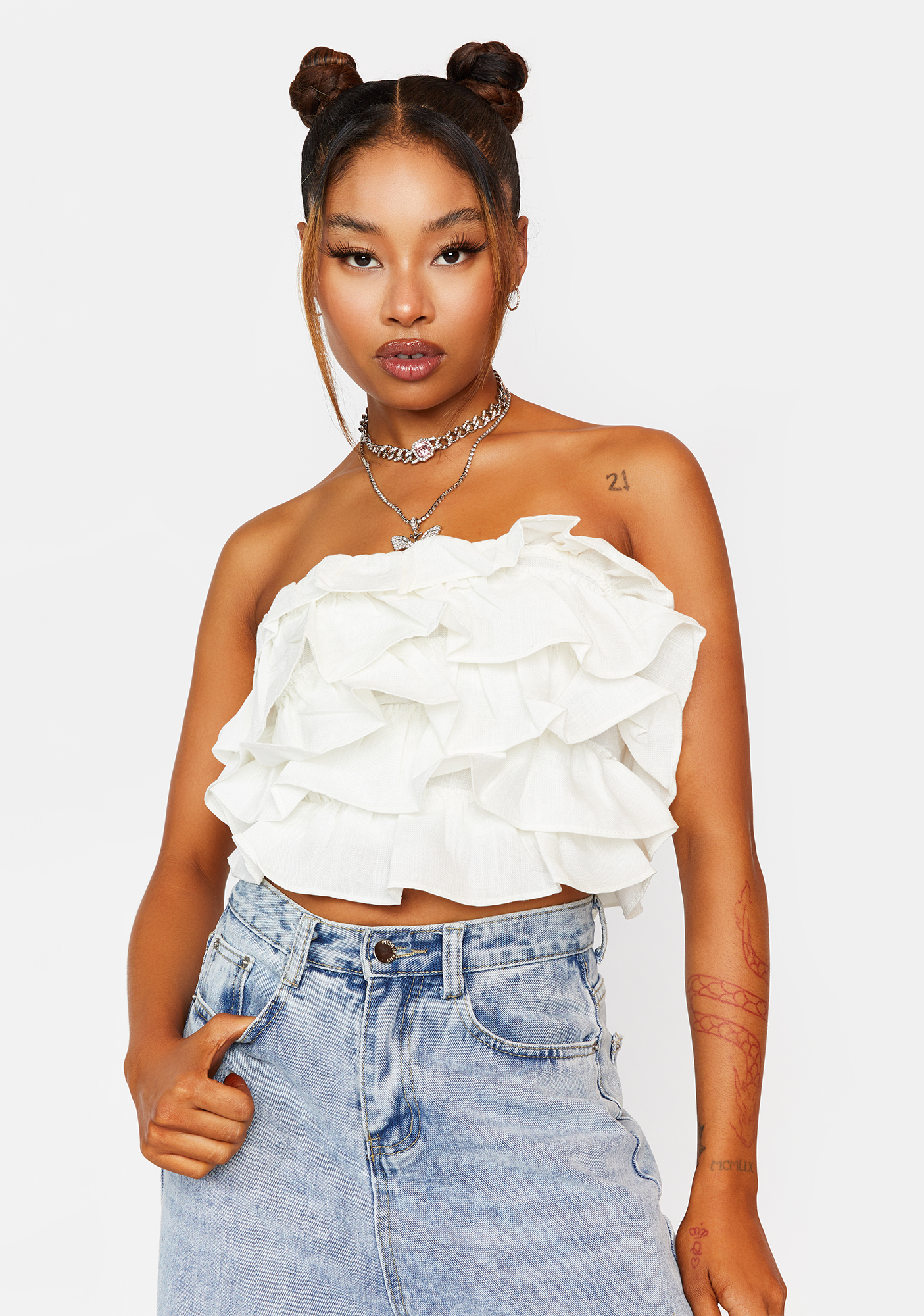 Tiered Ruffle Cropped Tube Top White | Dolls Kill