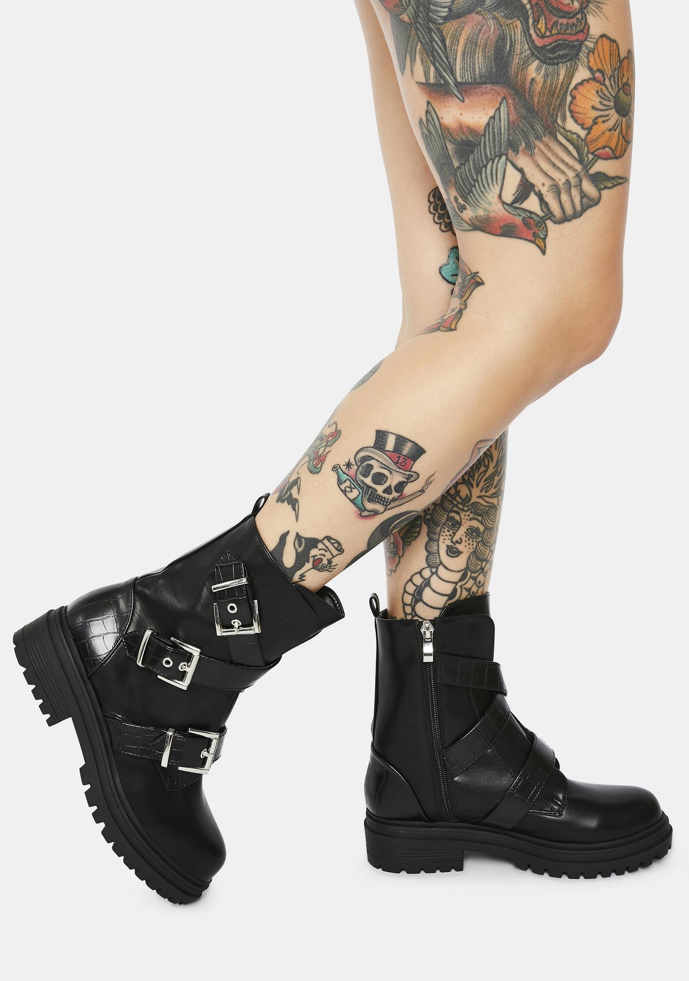 Triple Buckle Detail Lace Up Side Zip Faux Leather Combat Boots Black