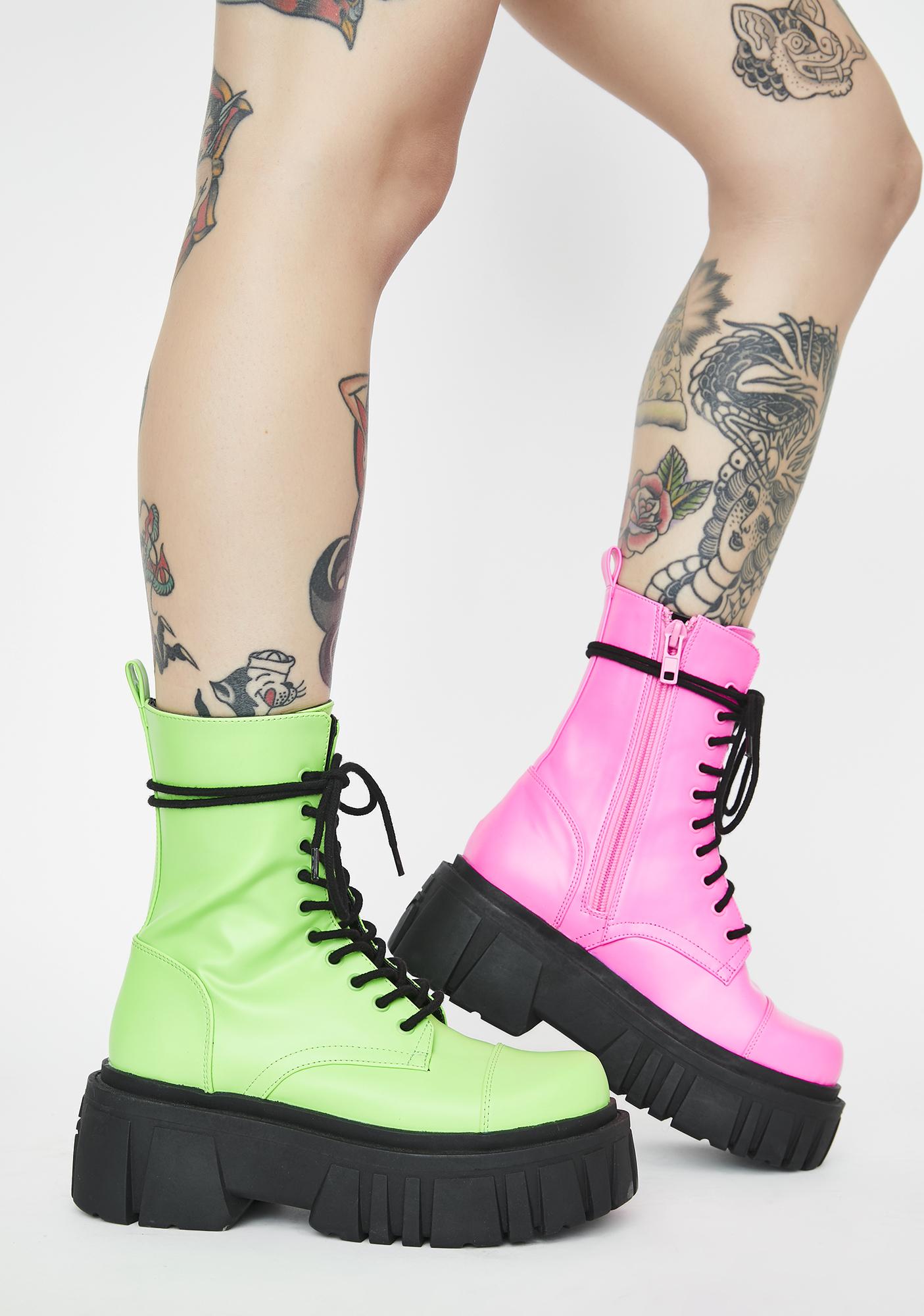 Club Exx Mismatched Combat Boots Neon Pink Neon Green