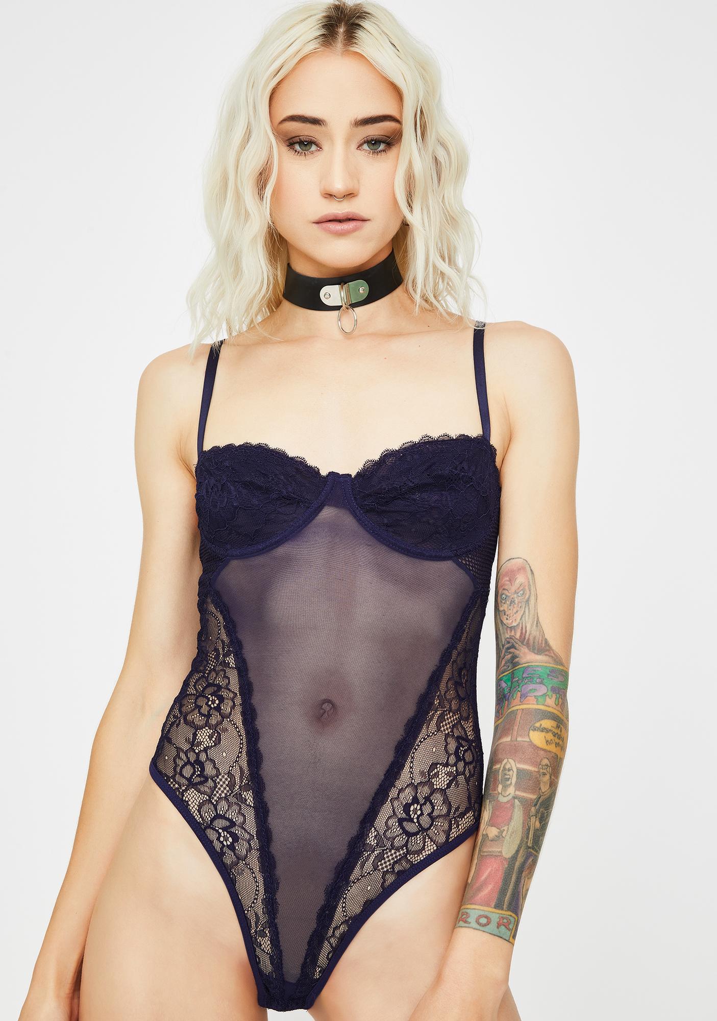 Sheer Floral Lace Panel Underwire Bodysuit Navy Blue Dolls Kill