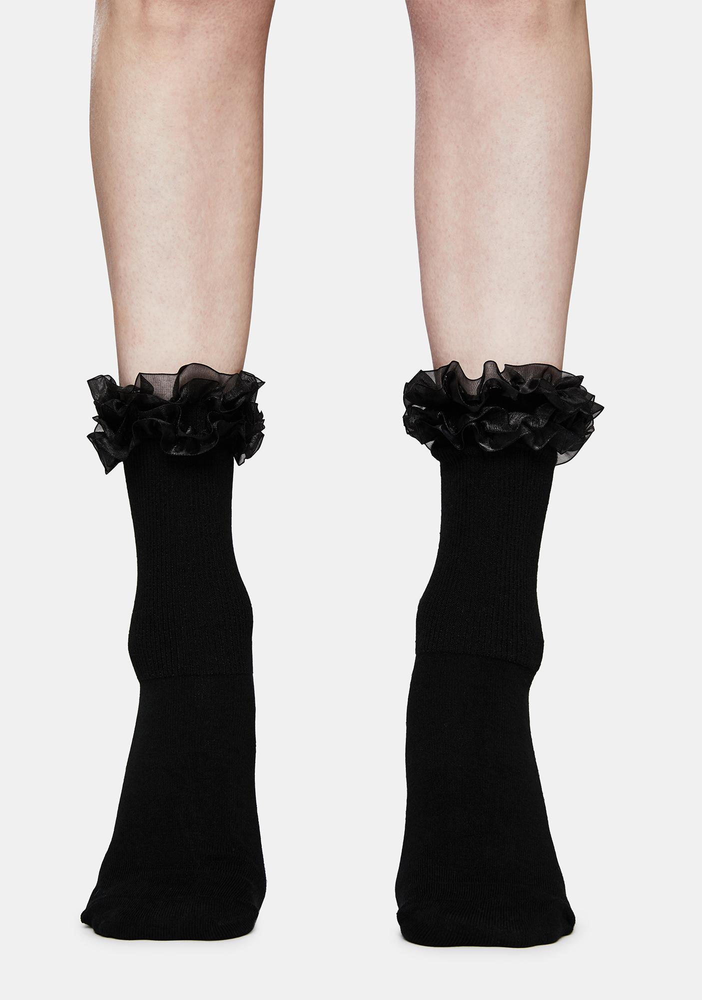 Double Ruffle Fold Over Ankle Socks - Black | Dolls Kill