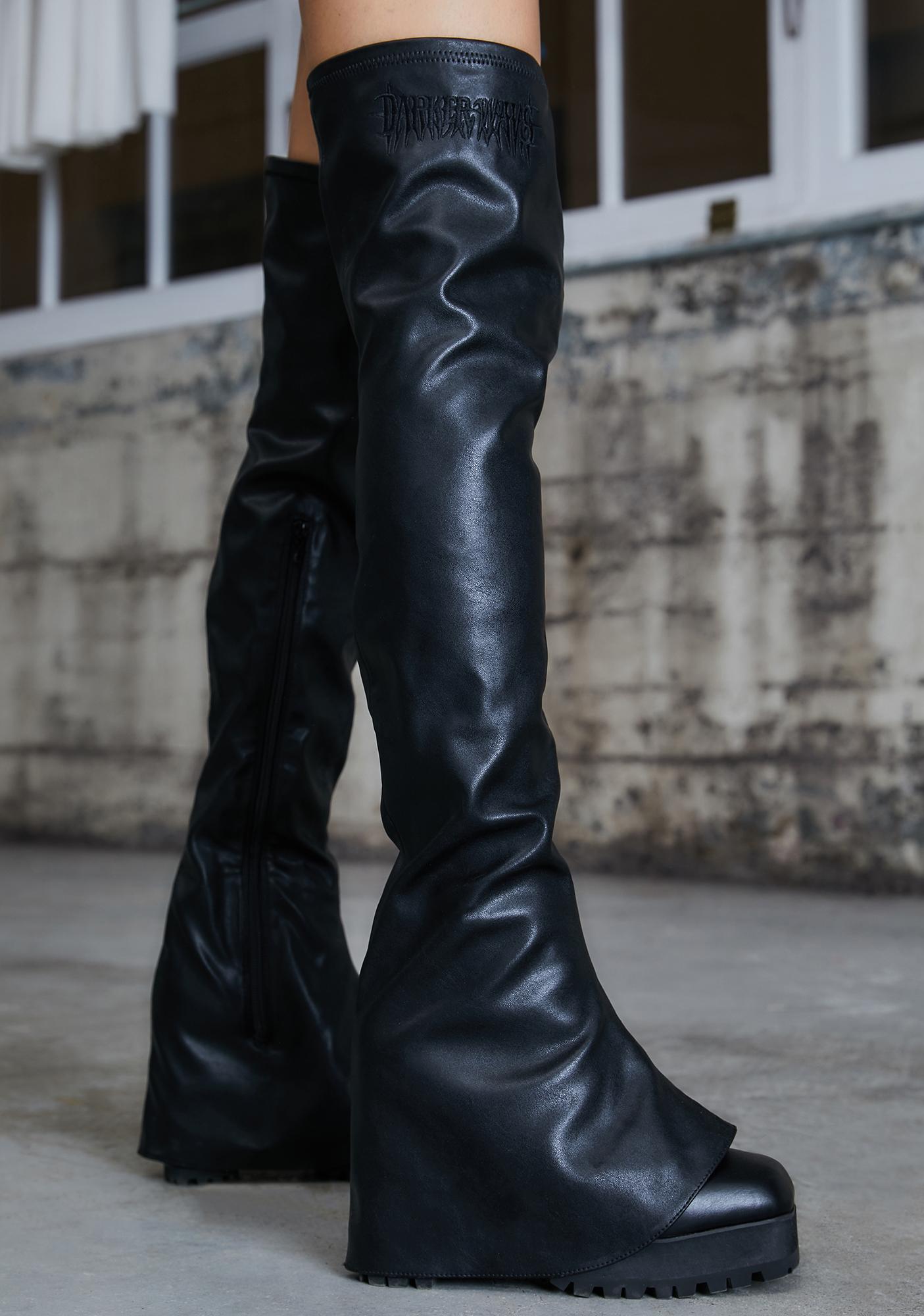 Darker Wavs Thigh High Pant Boots - Black Vegan Leather | Dolls Kill