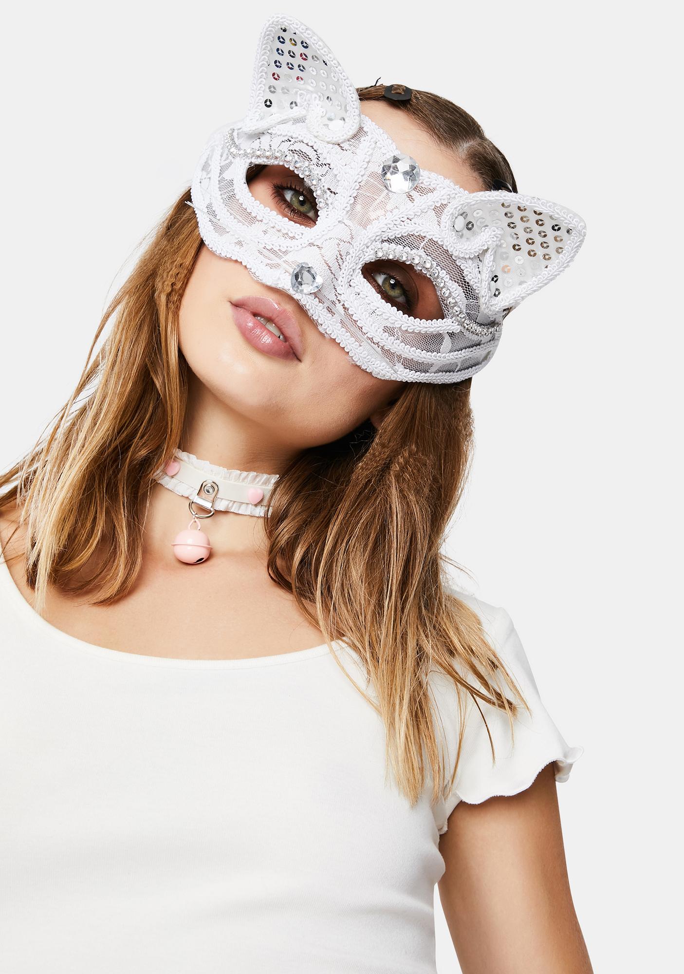 Halloween Lace Cat Masquerade Mask - White | Dolls Kill