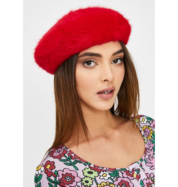 Fuzzy Faux Fur Beret Red | Dolls Kill