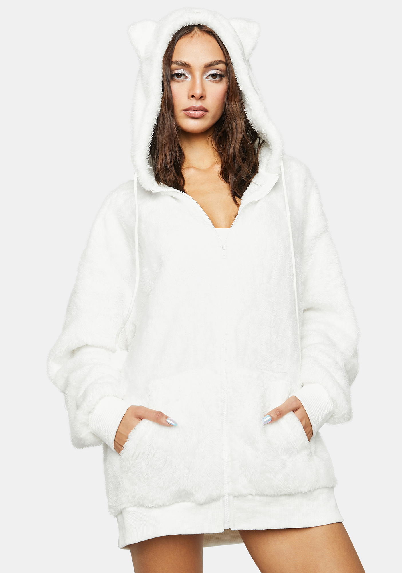 Club Exx Oversized Zip Up Faux Fur Hoodie - White | Dolls Kill