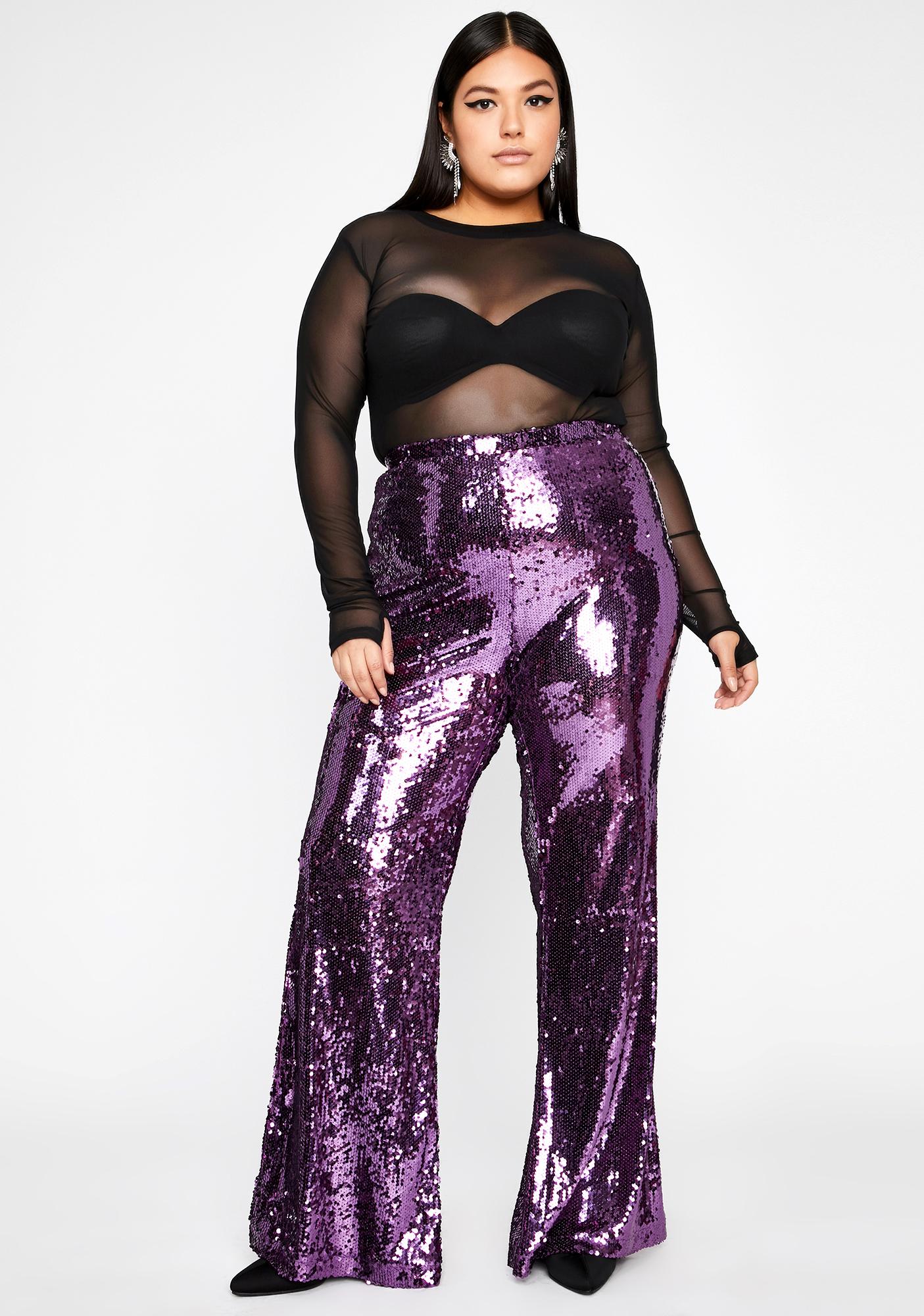 Plus Size Purple Sequin Flare Pants | Dolls Kill