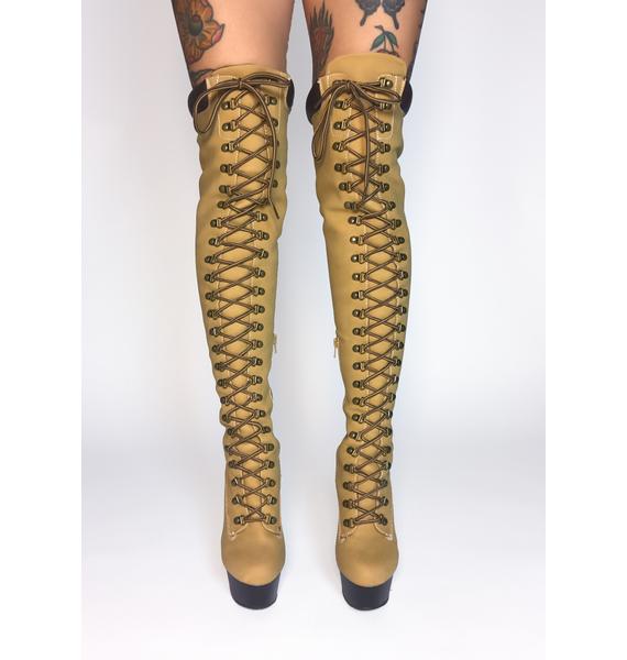 Pleaser Knee High Boots - Camel DEL3000 | Dolls Kill