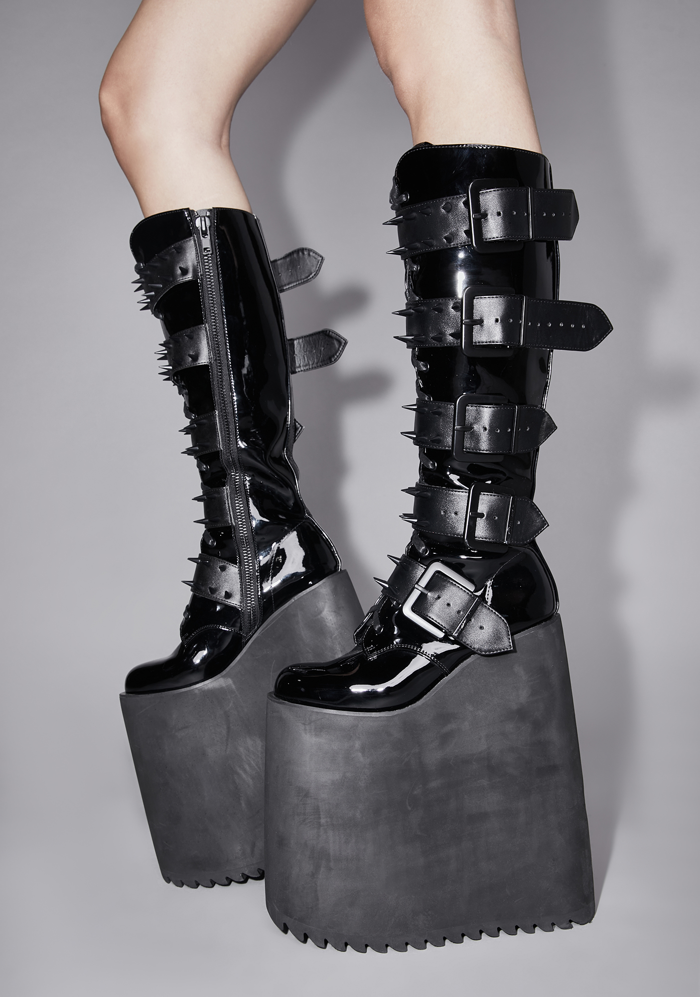 Widow Spiked Buckle Triple Stacked Platform Boots Black Dolls Kill