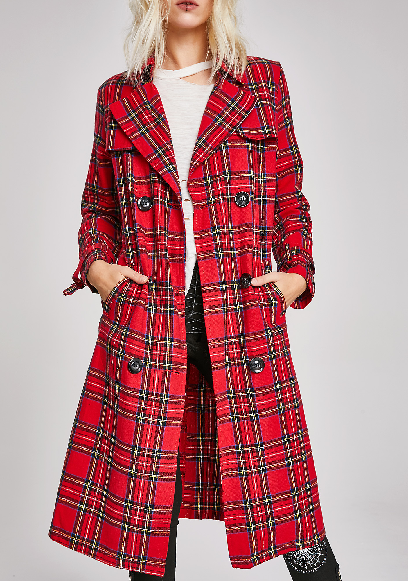 plaid trench