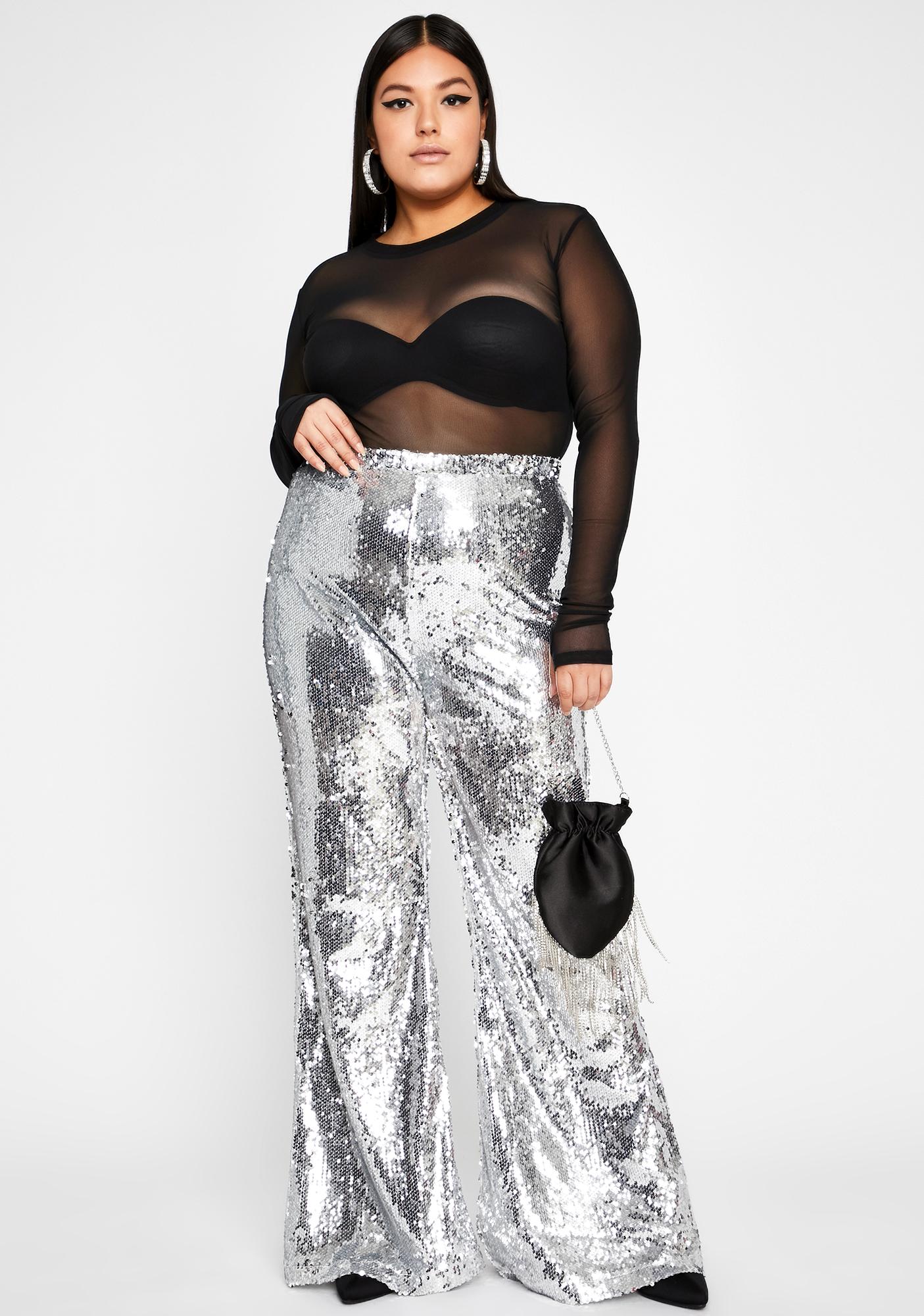 Plus Size Sequin Flare Pants High Waist Elastic Waist | Dolls Kill