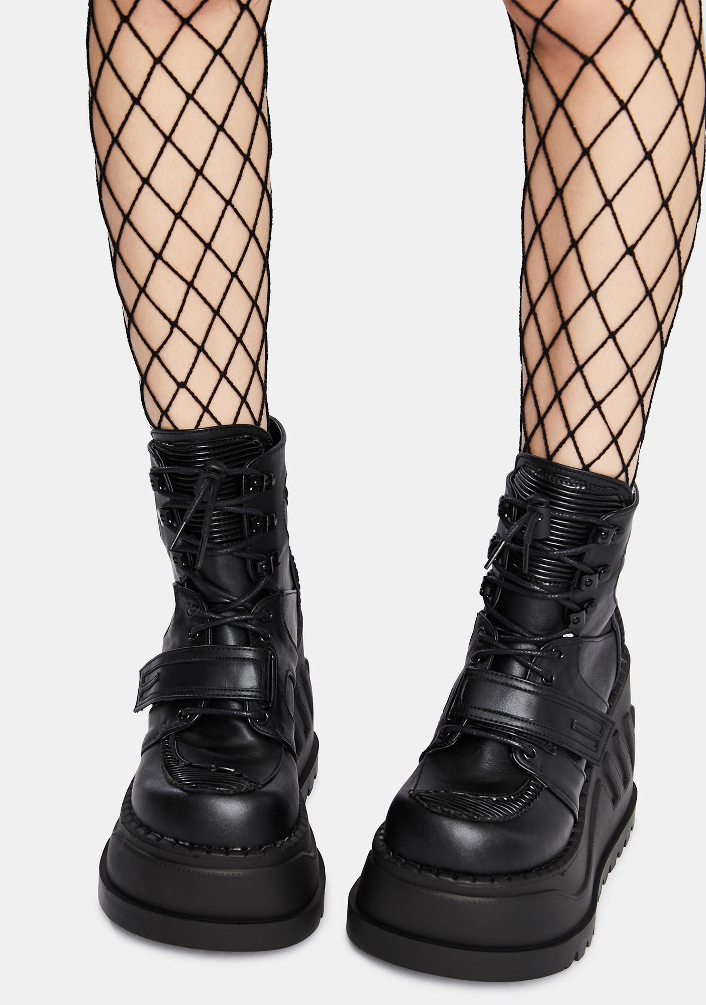 Demonia Stomp 13 Wedge Platform Ankle Boots - Black | Dolls Kill