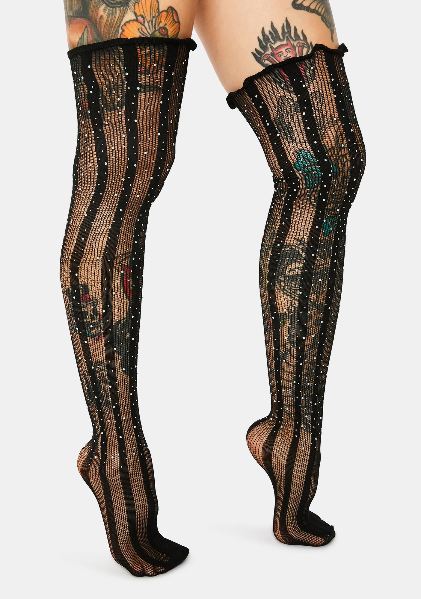 Glitter Striped Sheer Thigh High Socks - Black | Dolls Kill