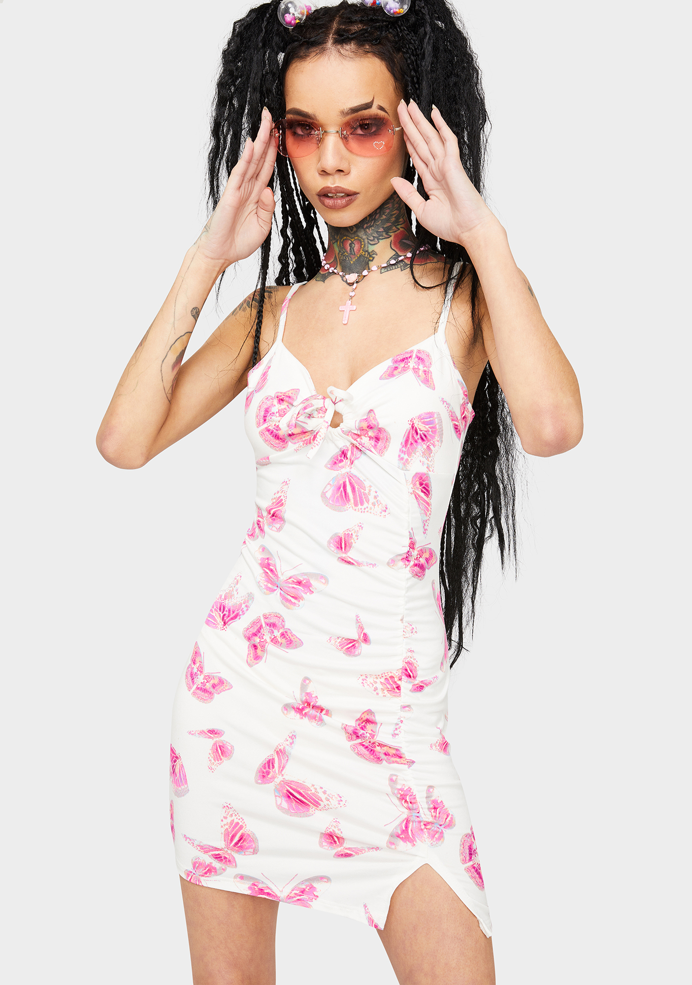 Butterfly Print Mini Bodycon Dress - White Pink | Dolls Kill