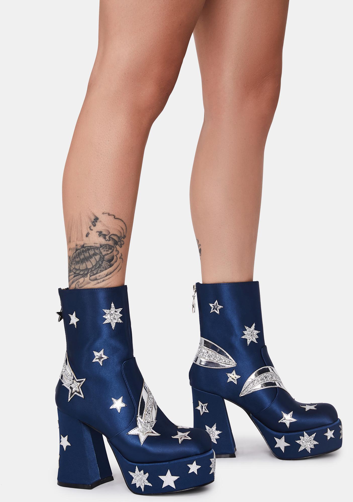 Horoscopez Libra Embroidered Stars Platform Boots - Blue | Dolls Kill