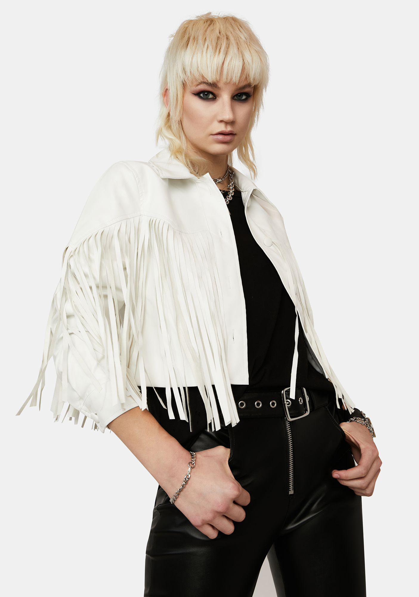 Vegan Leather Fringe Boxy Crop Jacket Cream Dolls Kill
