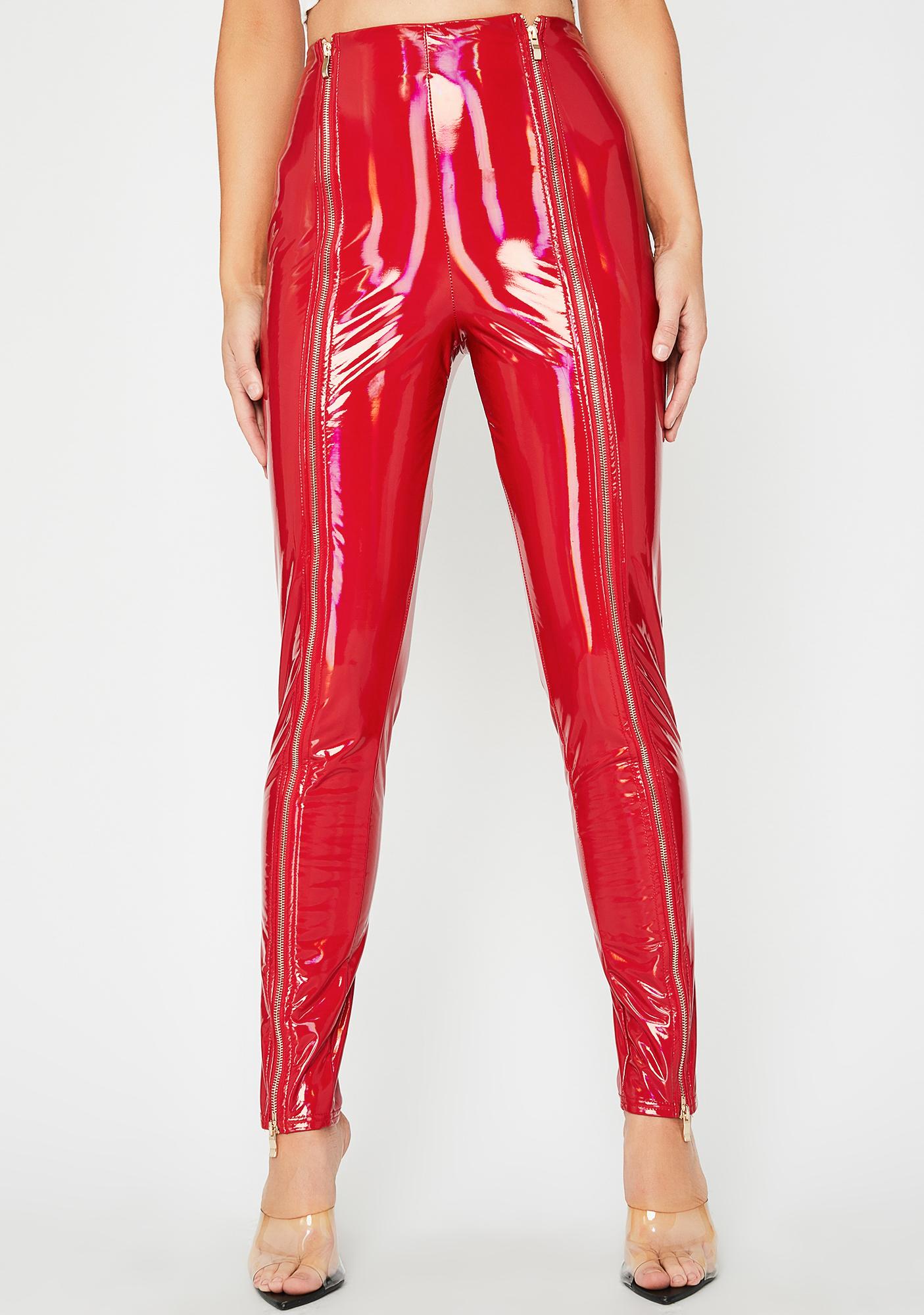 red high waisted vinyl pants