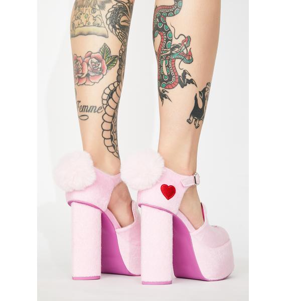 Dolls Kill X Care Bears Embroidered Faux Fur Platform Heels - Pink | Dolls Kill
